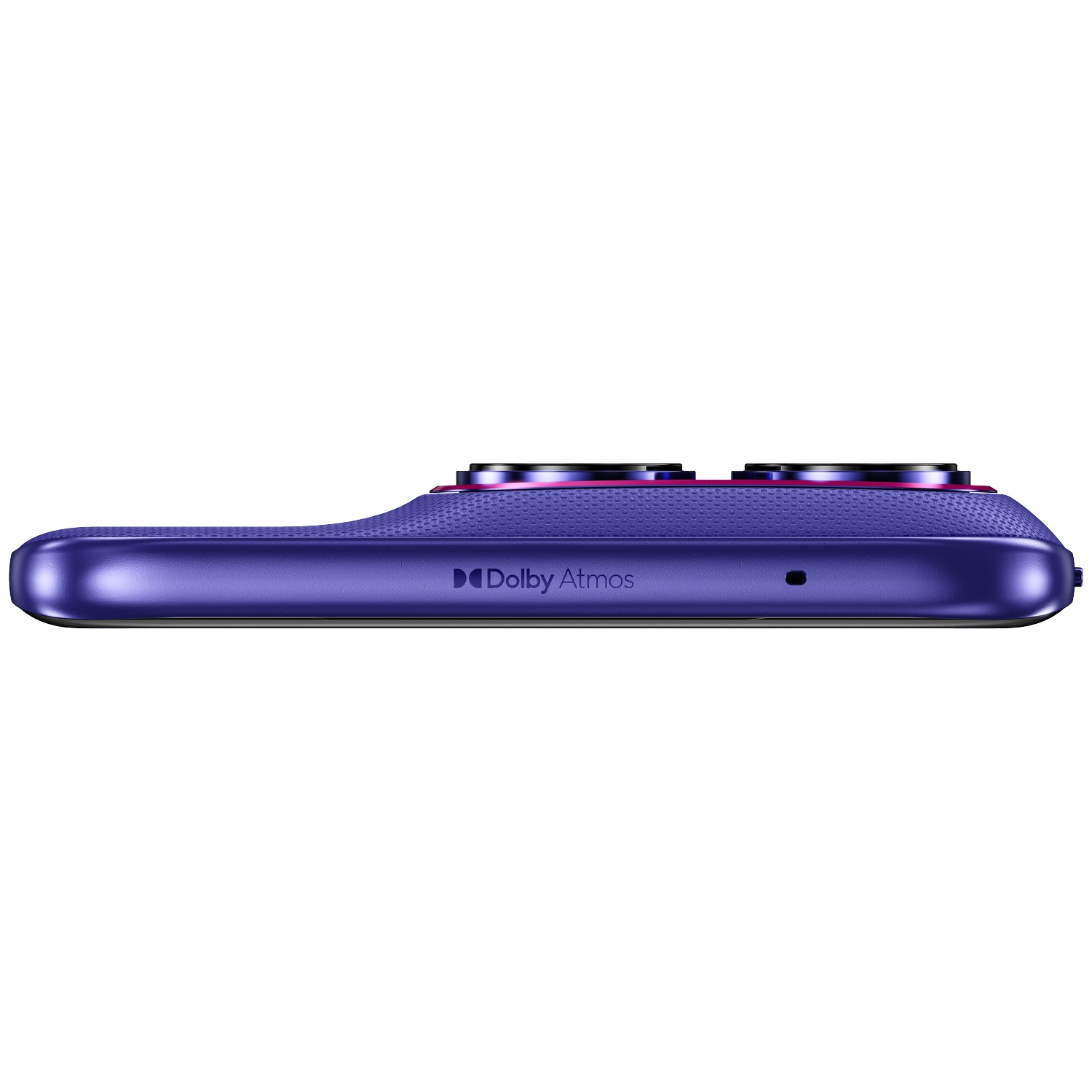 Paarse smartphonezijkant met Dolby Atmos-logo en cameramodules.