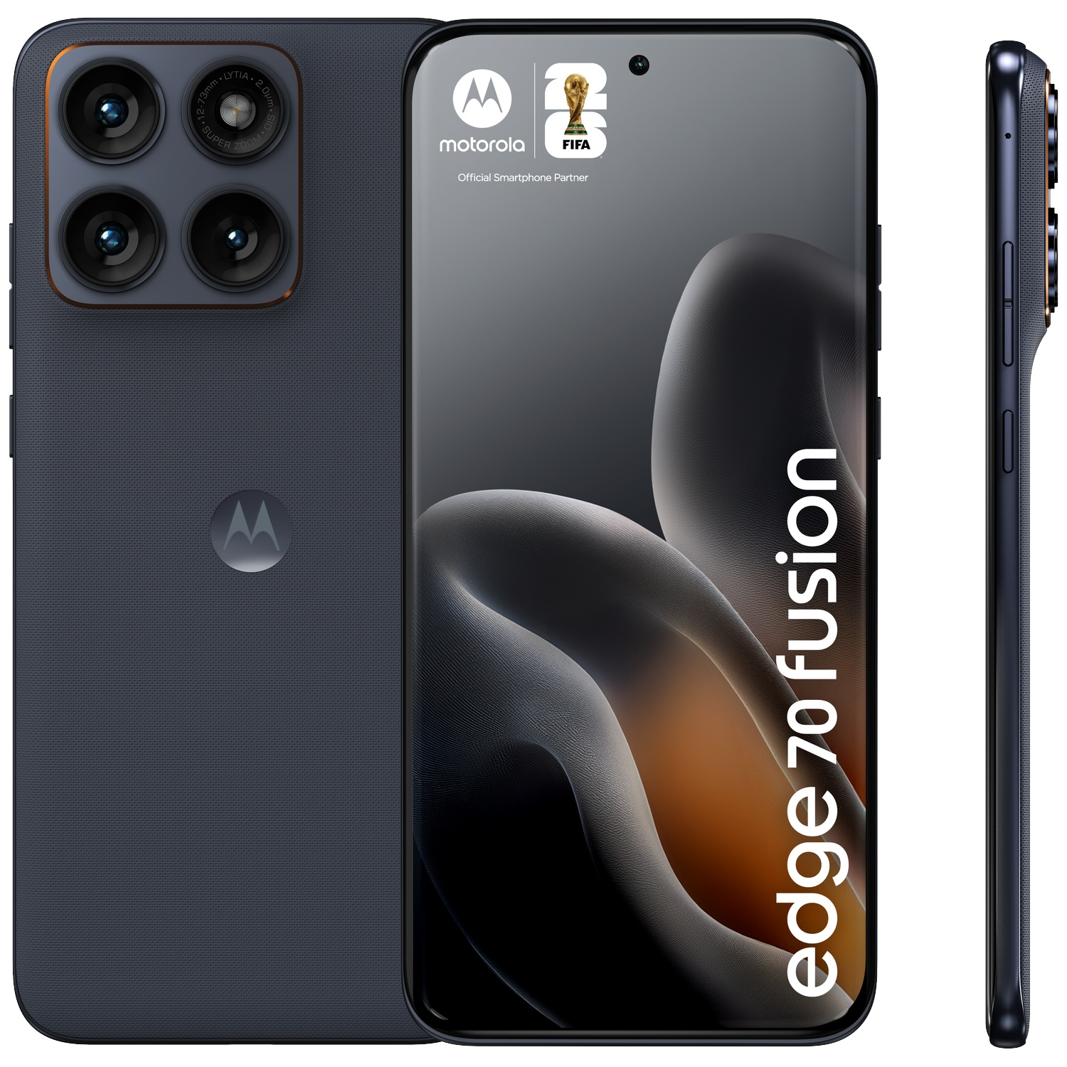 A Motorola Edge 70 Fusion smartphone shown from the back and side, featuring four cameras.