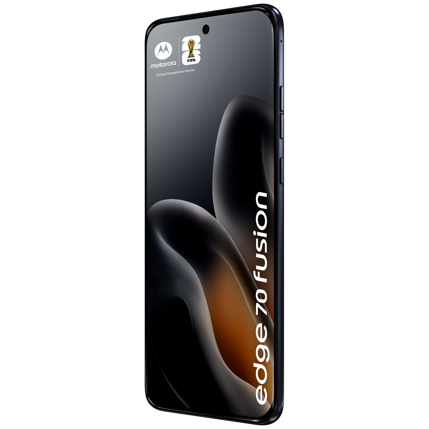 Dark blue Motorola Edge 70 Fusion smartphone with FIFA logo.