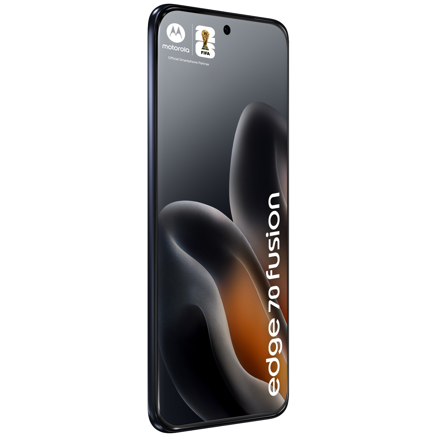 A dark Motorola Edge 70 Fusion smartphone with FIFA logo.