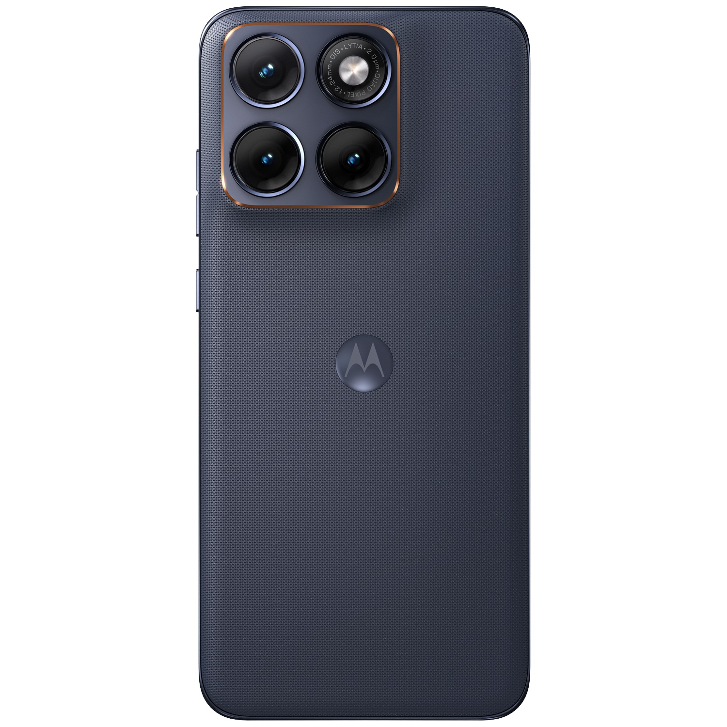 Back of a dark Motorola smartphone with four cameras and a Motorola logo.