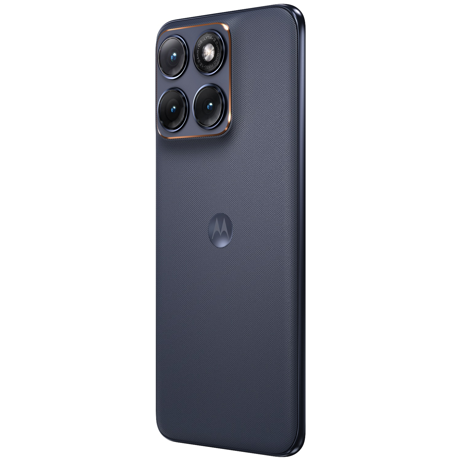 Dark blue Motorola smartphone with quad camera and Motorola logo.