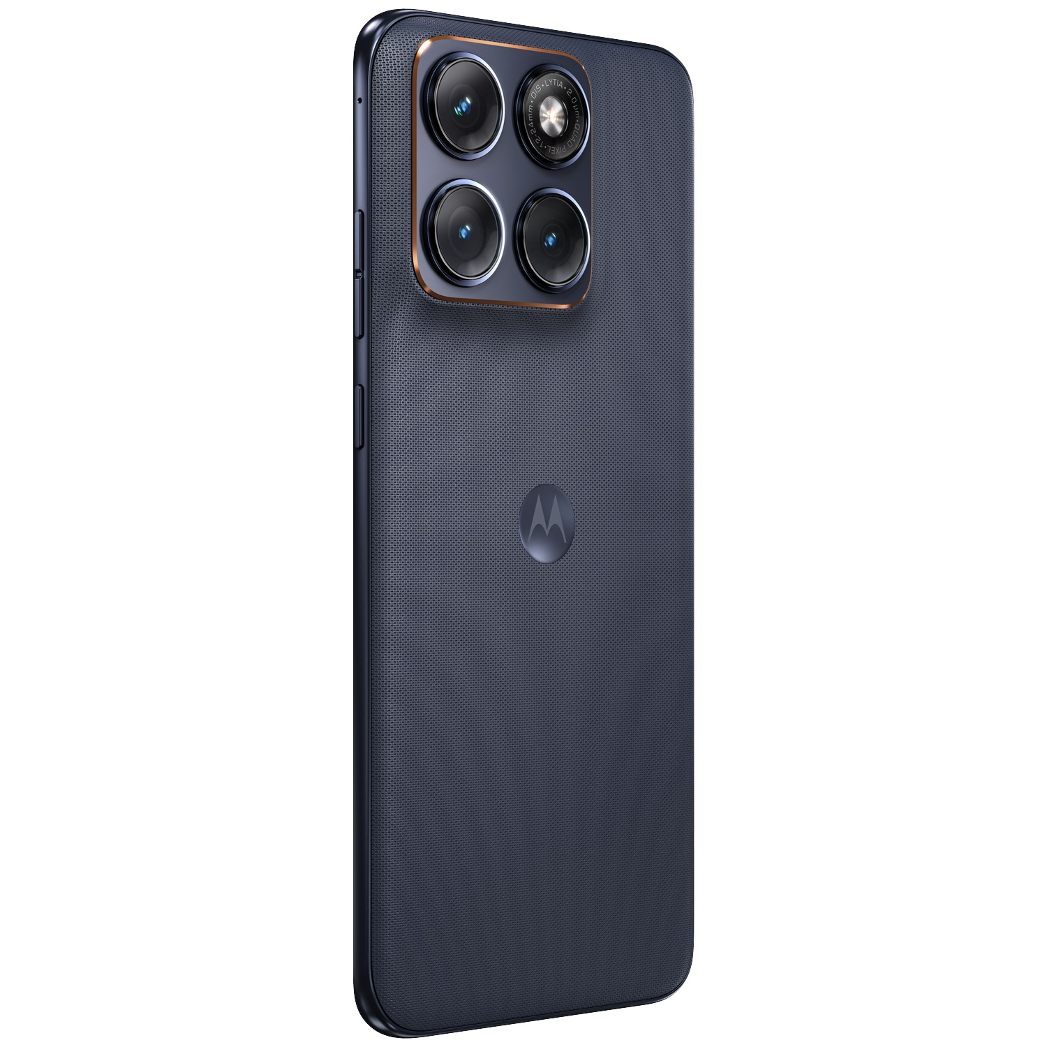 Dark blue smartphone with four cameras and Motorola logo, close-up view.