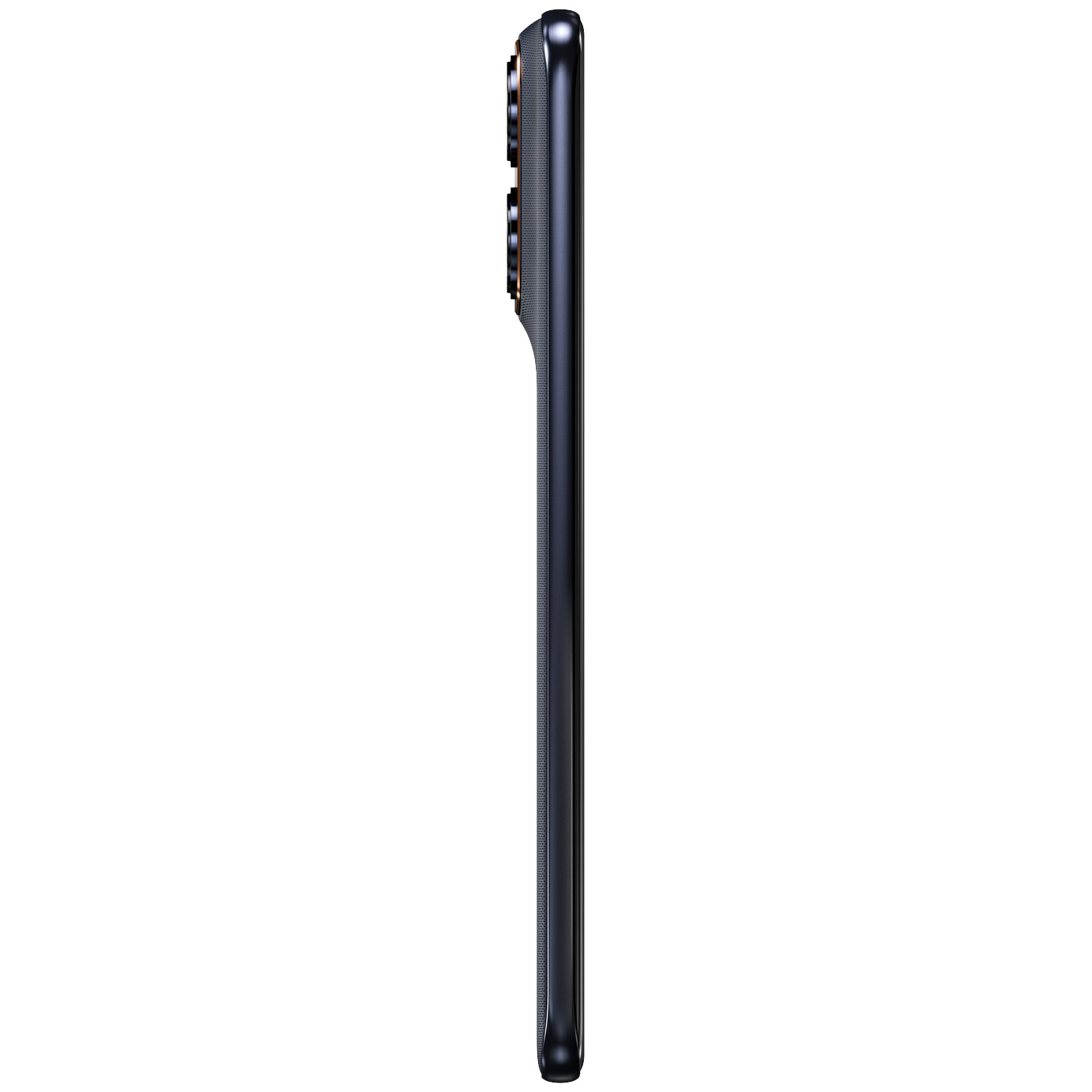 Dark blue smartphone with three rear cameras, side view.