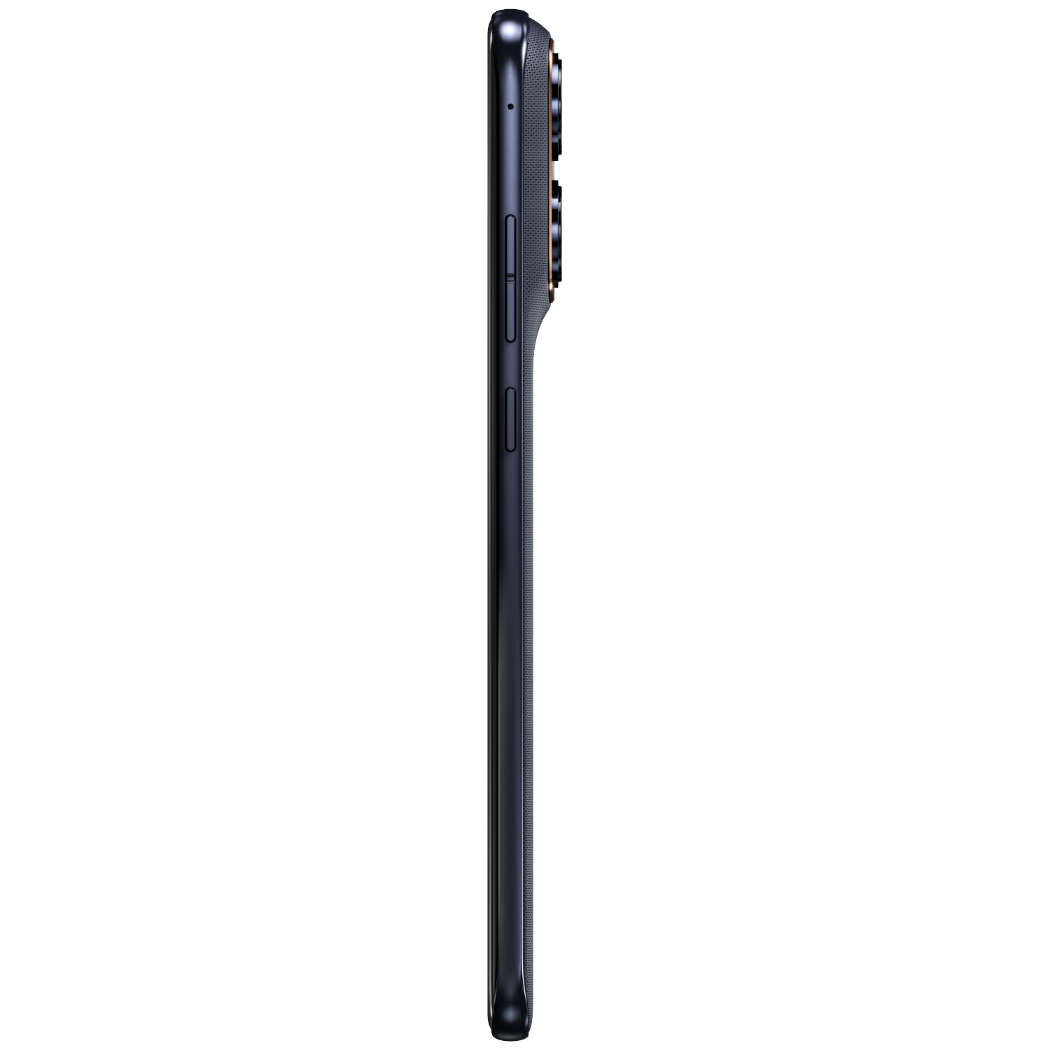 Dark blue smartphone shown from the side, with camera module and buttons.