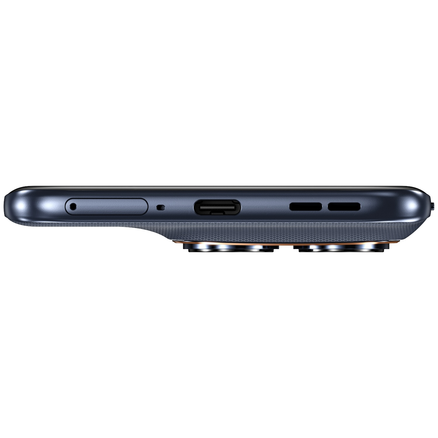 Close-up of the bottom of a dark smartphone with USB-C port, microphone, and speaker.