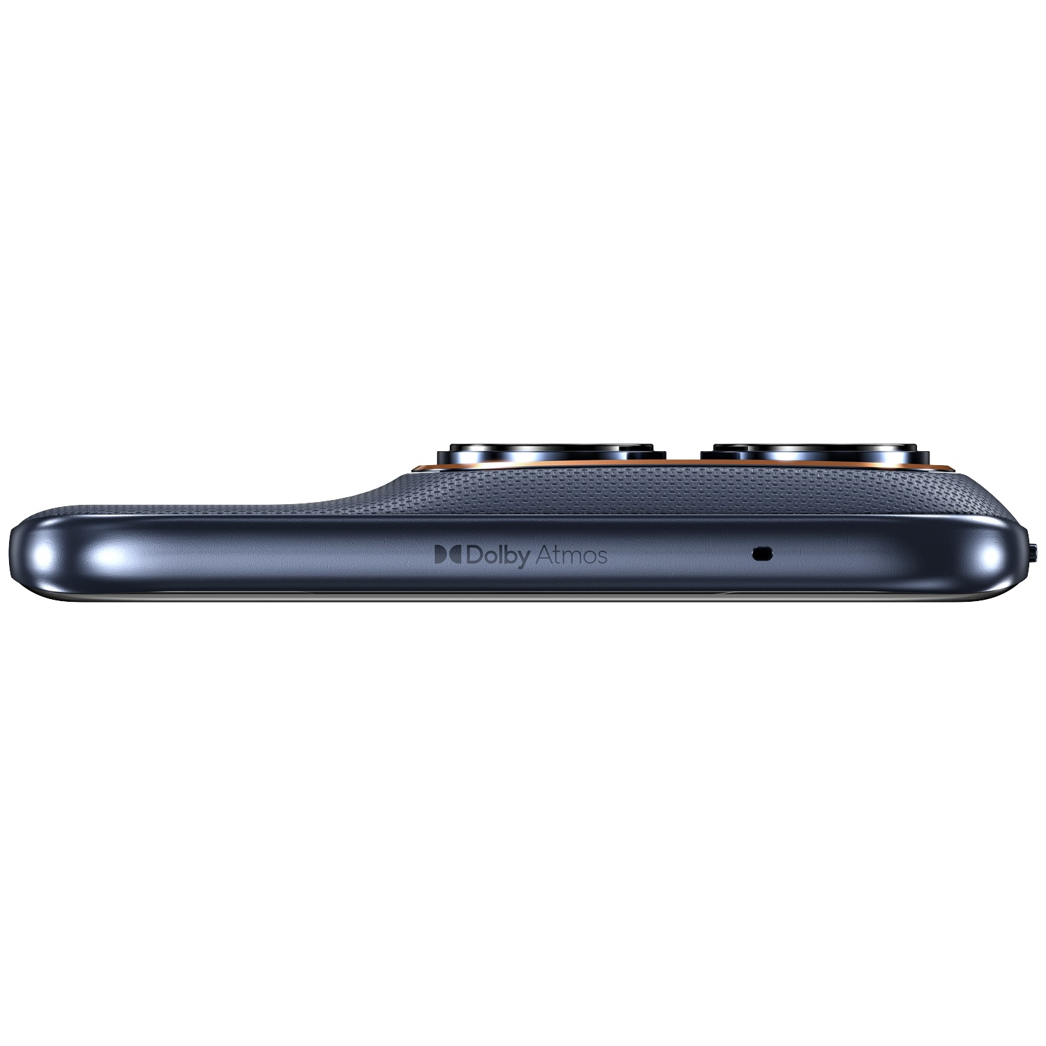Dark blue smartphone with two camera lenses, Dolby Atmos logo.