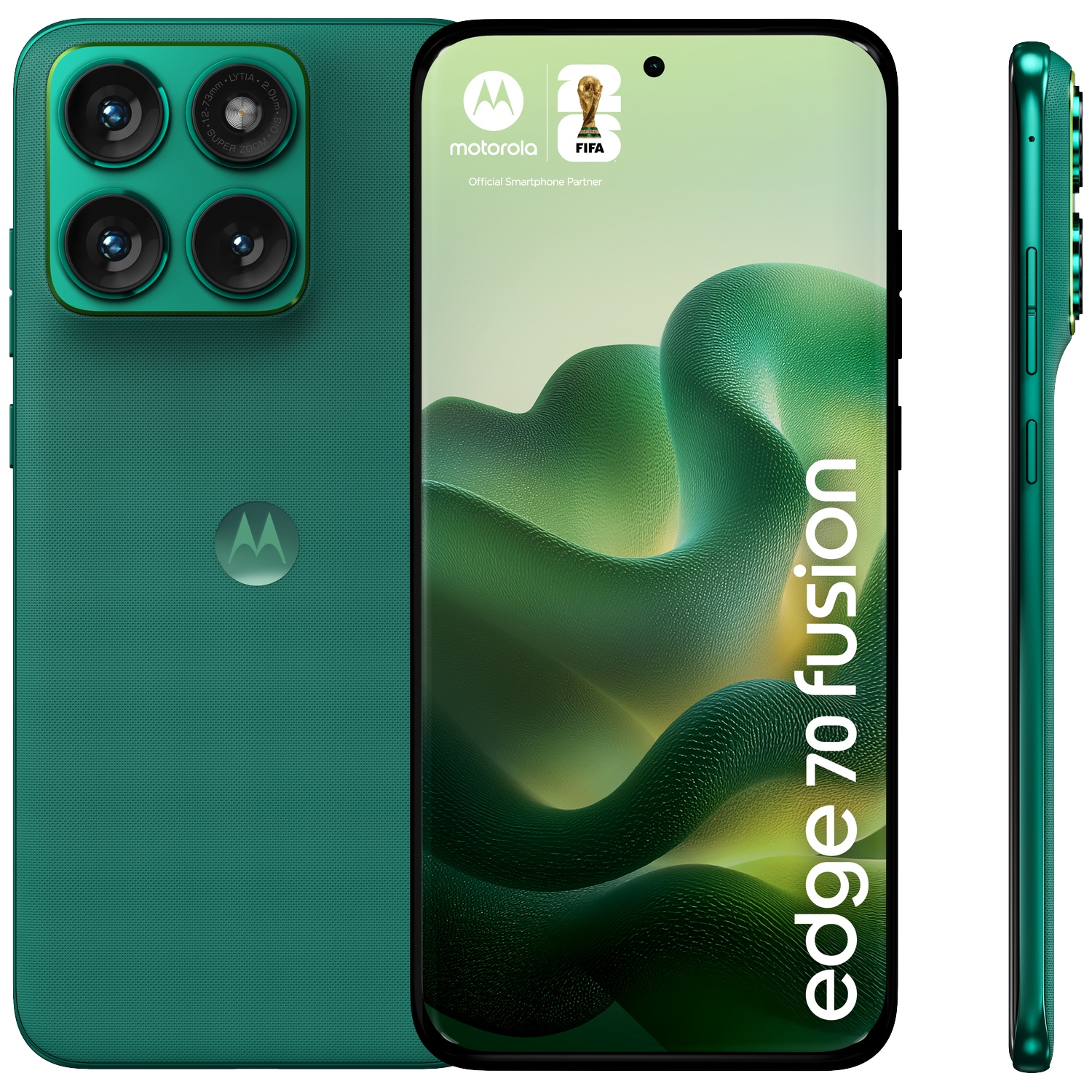 Groene Motorola smartphone met vier camera's en FIFA-logo.