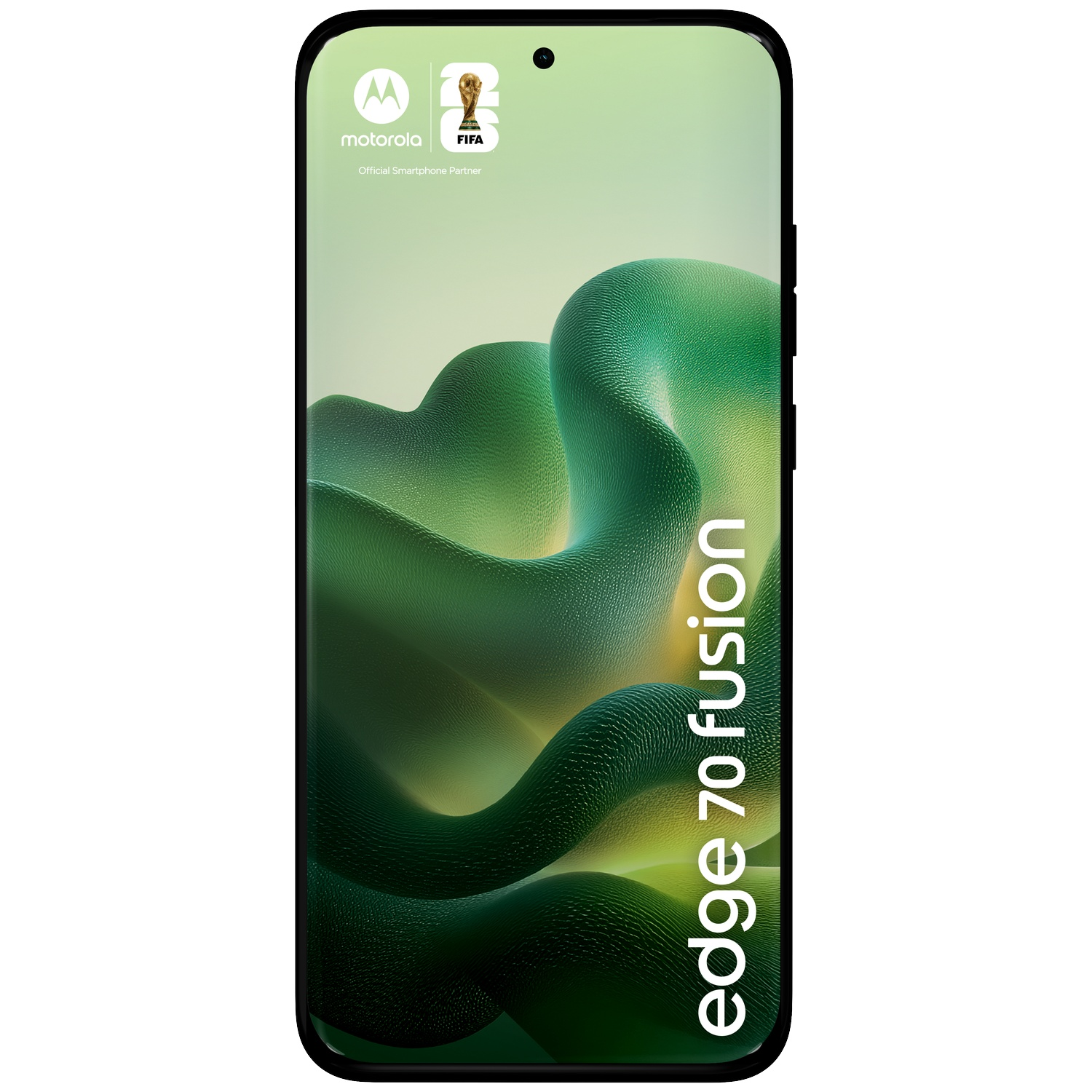 Een Motorola smartphone met "edge 70 fusion" en het WK-trofee logo.