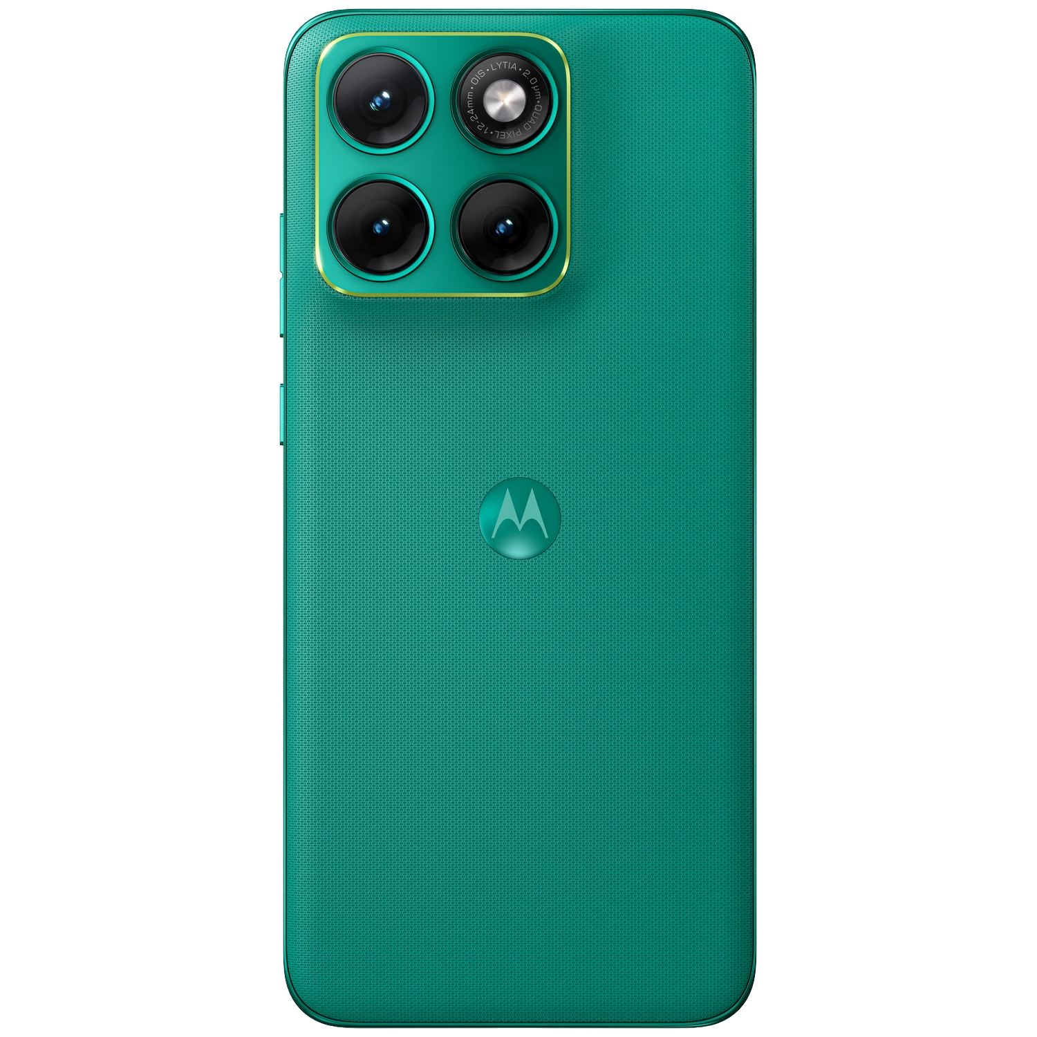 Groene achterkant van een Motorola smartphone met vier camera's en Motorola-logo.