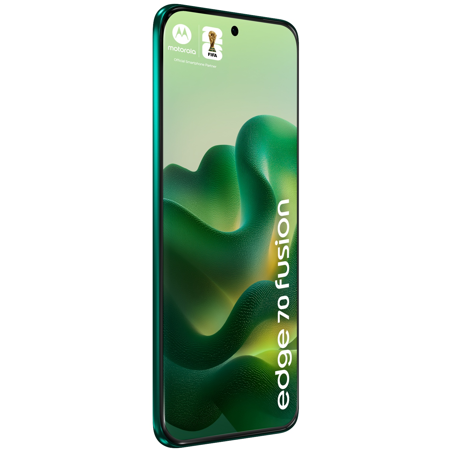 Groene Motorola Edge 70 Fusion smartphone met FIFA-logo op scherm.