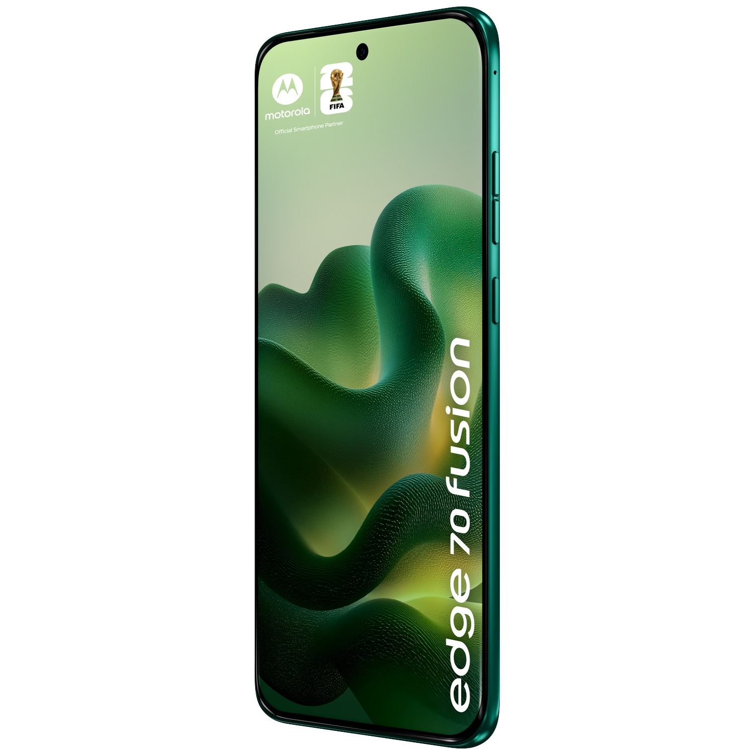 Een groene Motorola Edge 70 Fusion smartphone met FIFA-logo en golvende achtergrond.