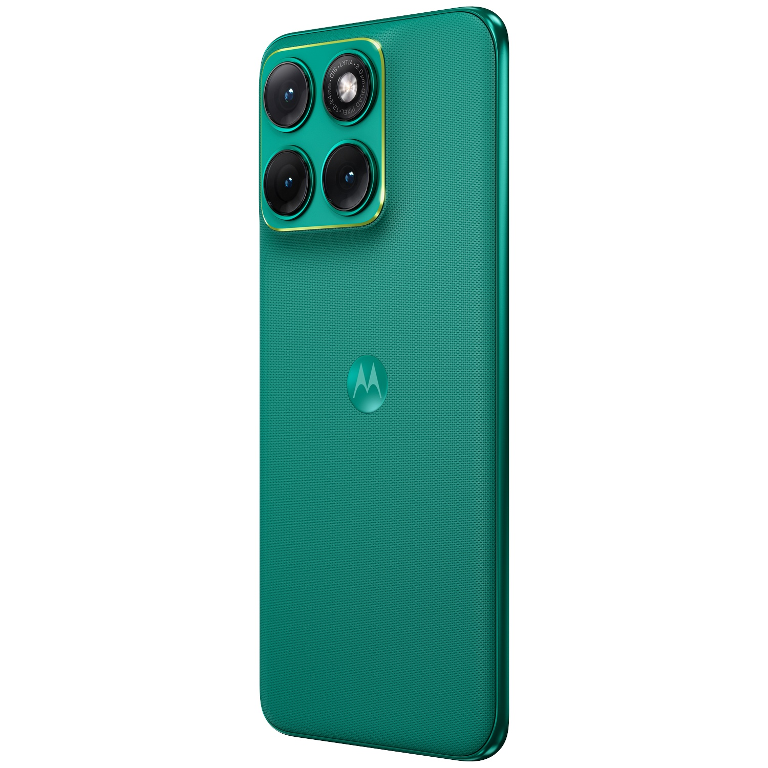 Achterkant van een turquoise Motorola telefoon met vier cameralenzen en Motorola logo.