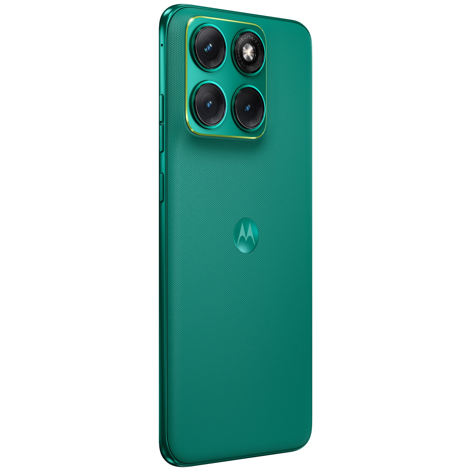 Groene smartphone met quad camera setup en Motorola logo.