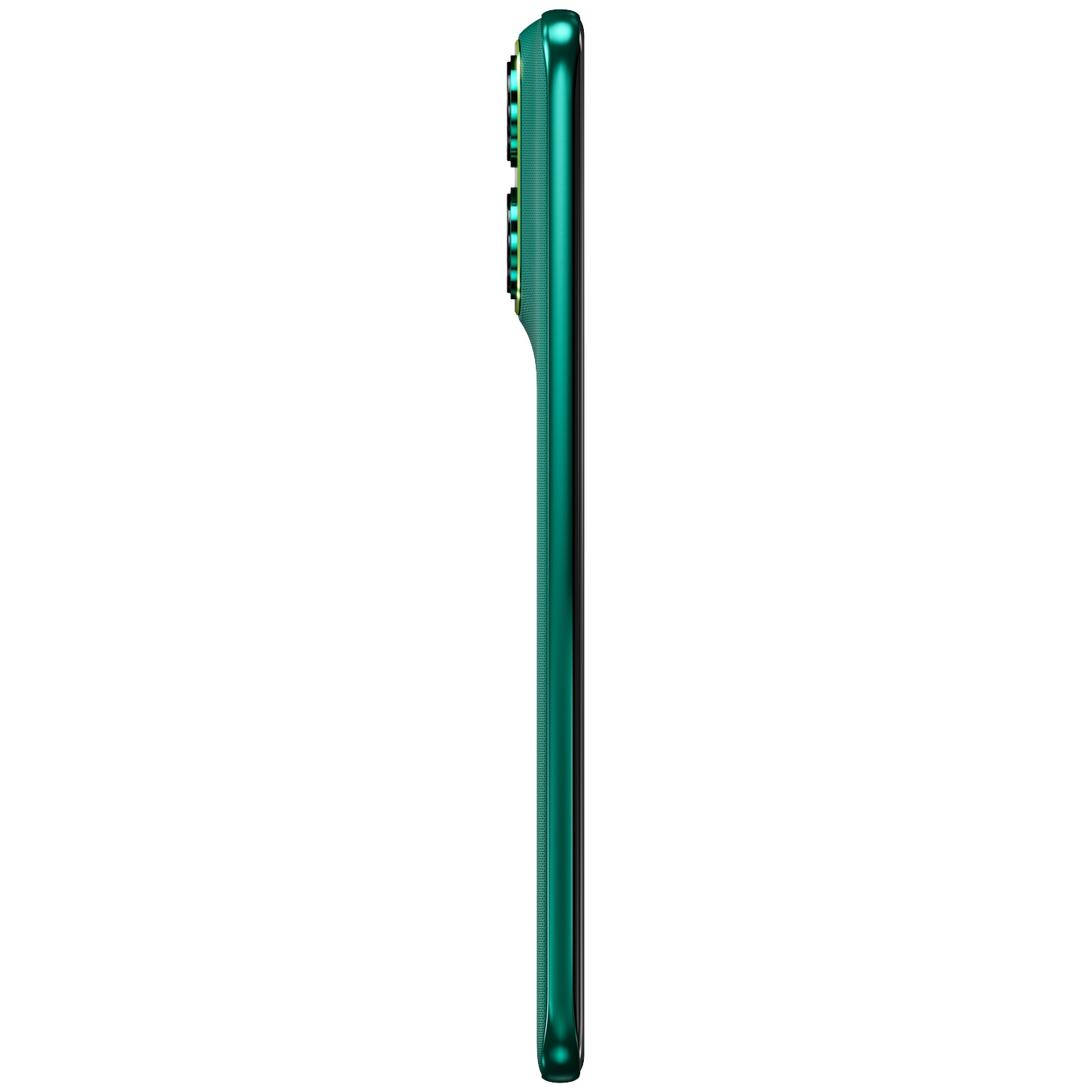 Zijaanzicht van een groene smartphone met zichtbare cameralenzen.