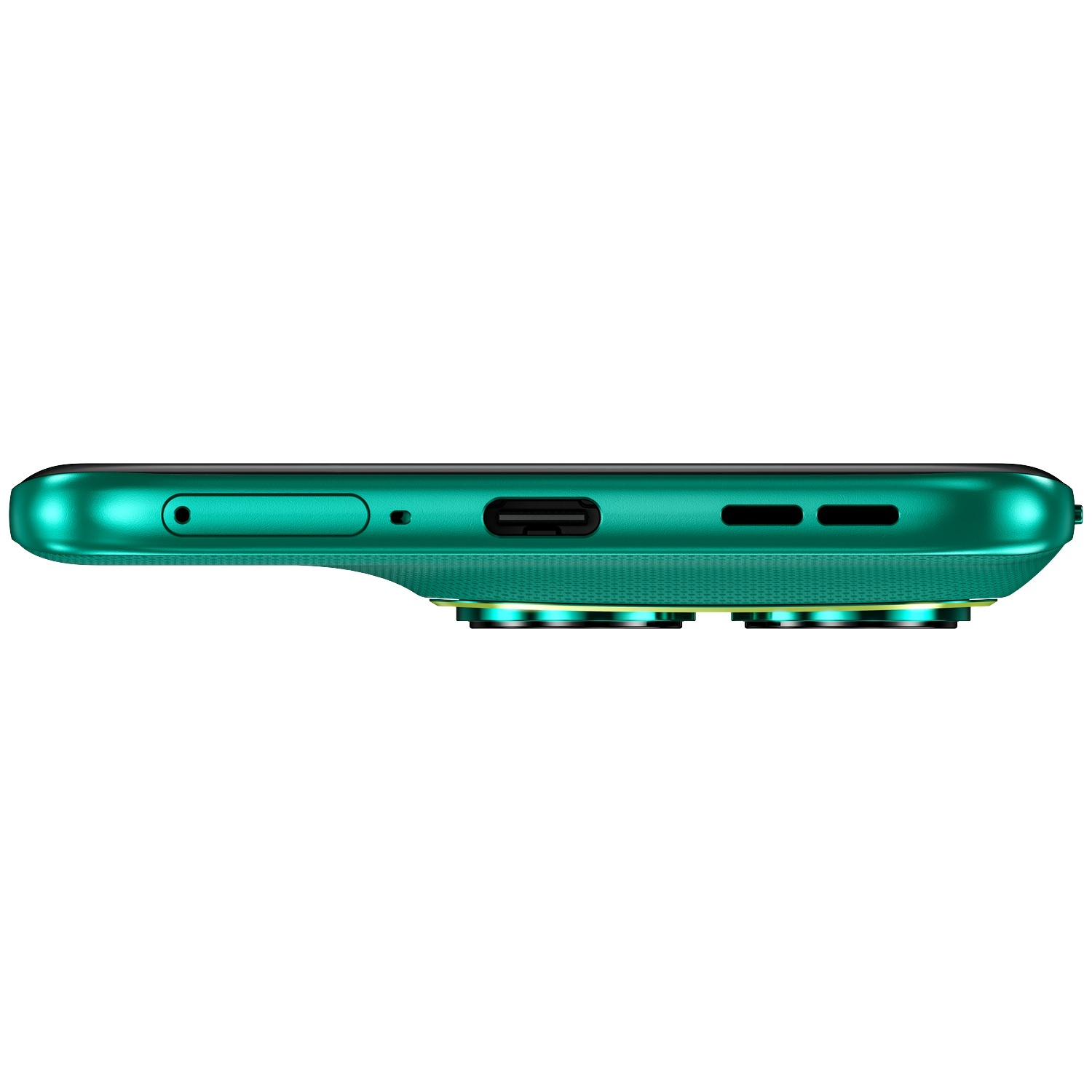 Groene smartphone met USB-C-poort, luidsprekerroosters en cameralenzen.