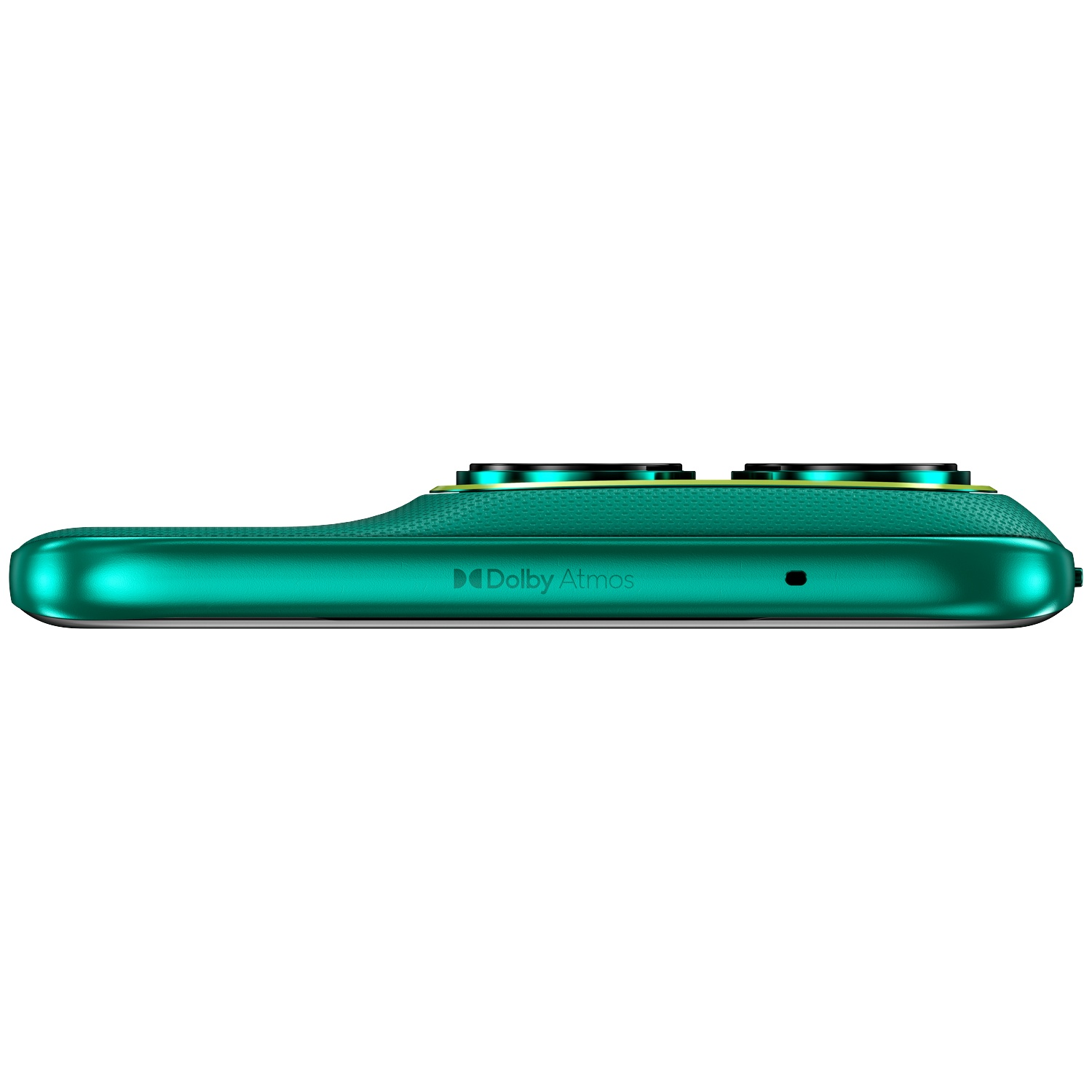 Groene smartphone met Dolby Atmos logo en twee lenzen.