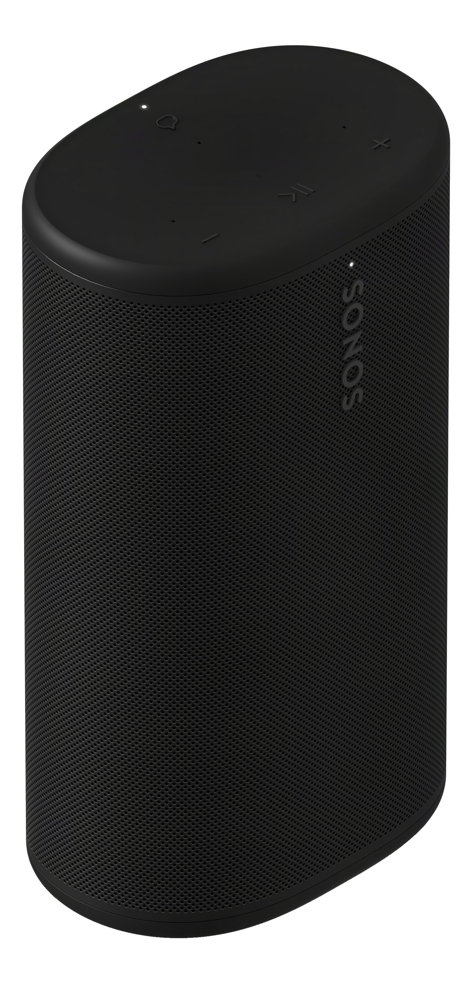 Enceinte Sonos noire avec boutons sur le dessus et boîtier perforé.