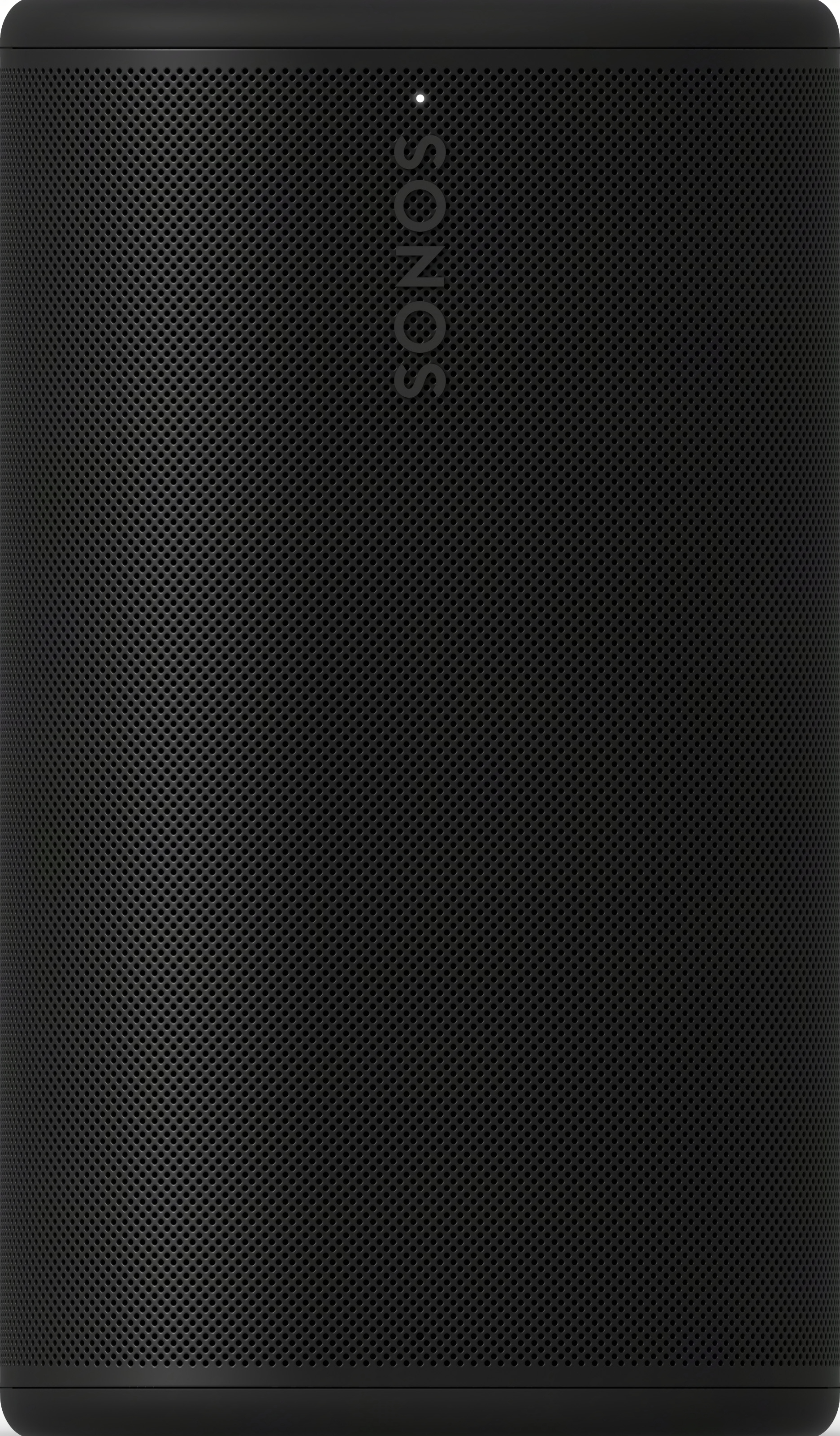 Enceinte cylindrique noire avec logo Sonos et petit témoin lumineux blanc.