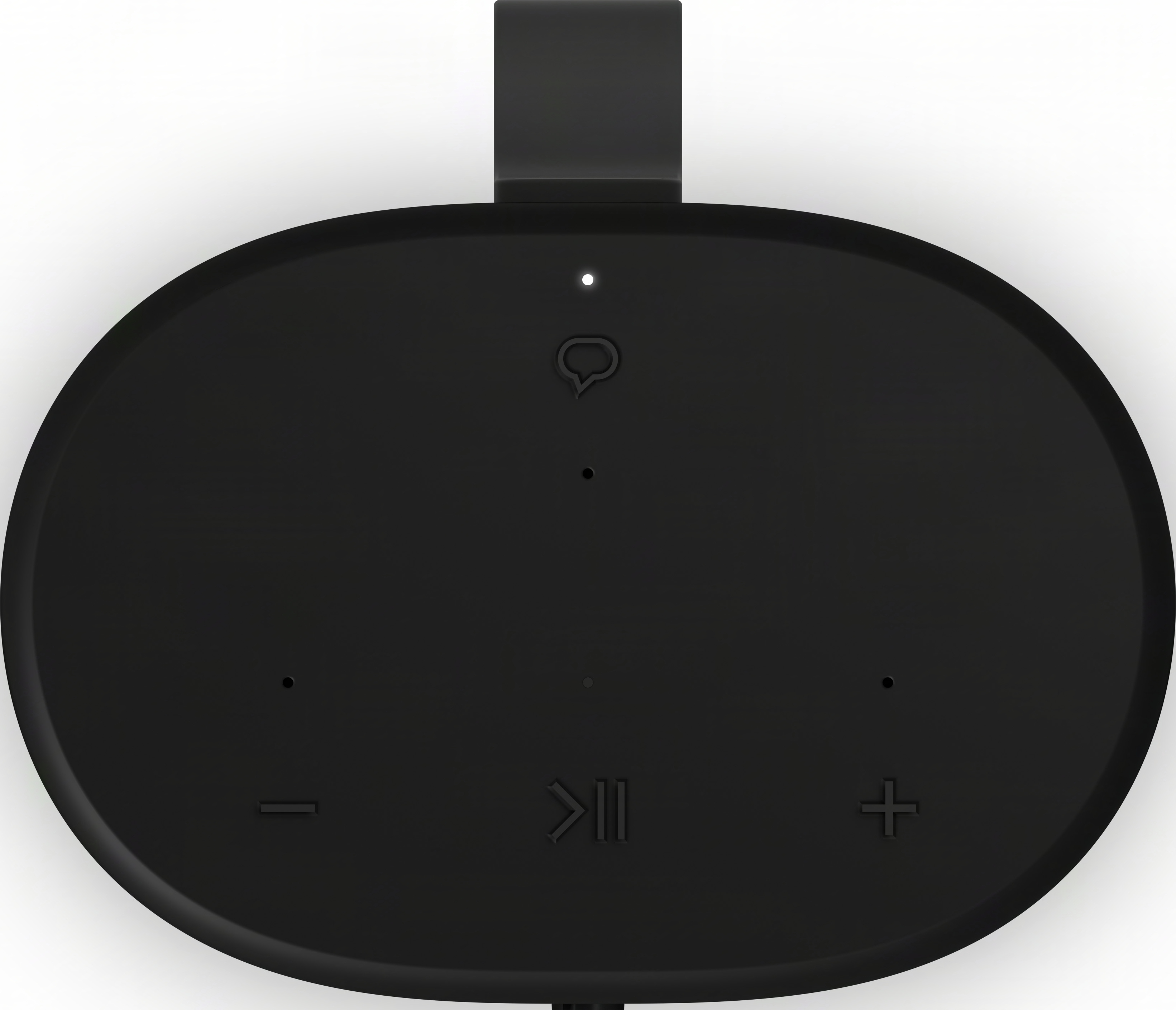 Haut-parleur ovale noir avec commandes et une icône de microphone.