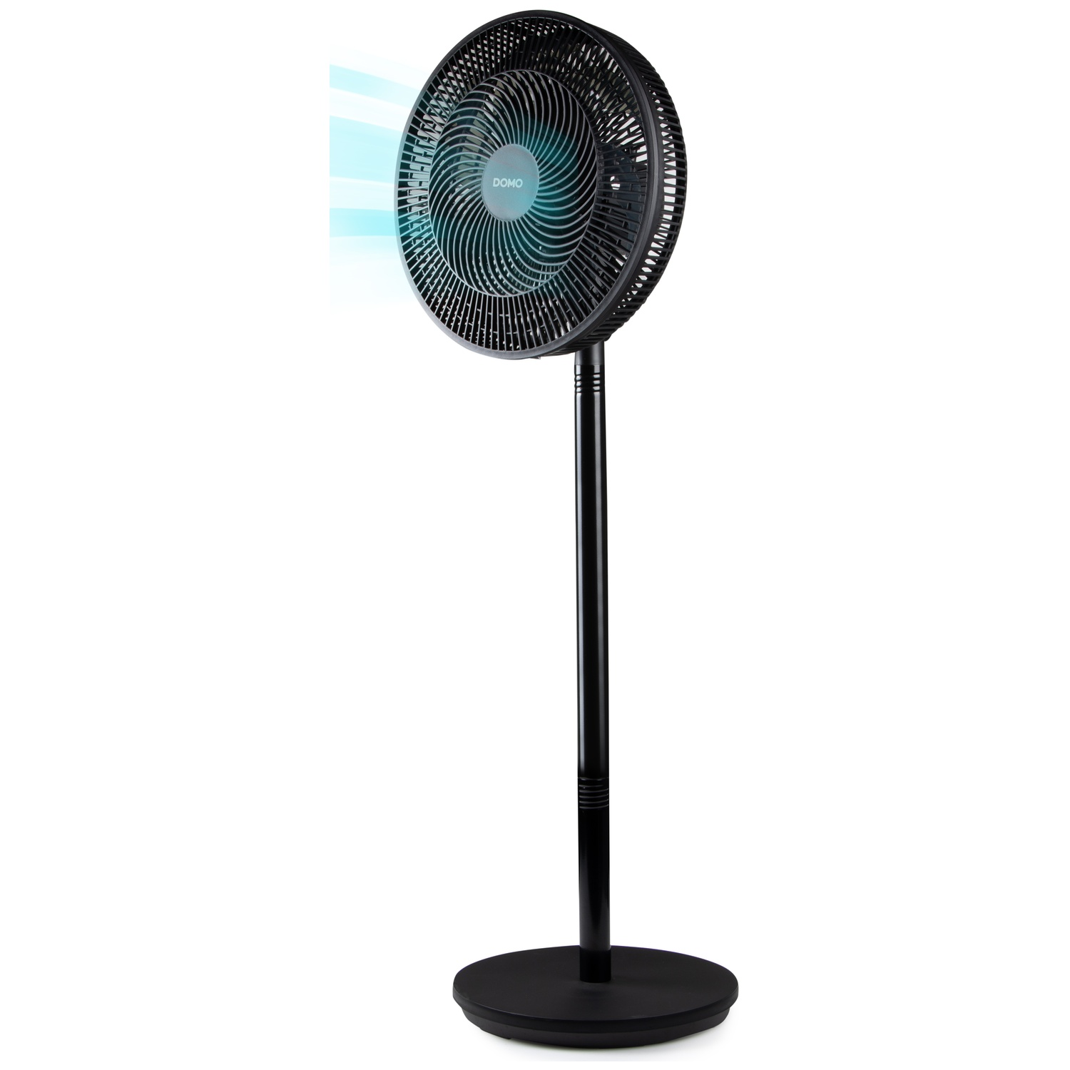 A black standing fan with blue airflow, isolated on a white background.