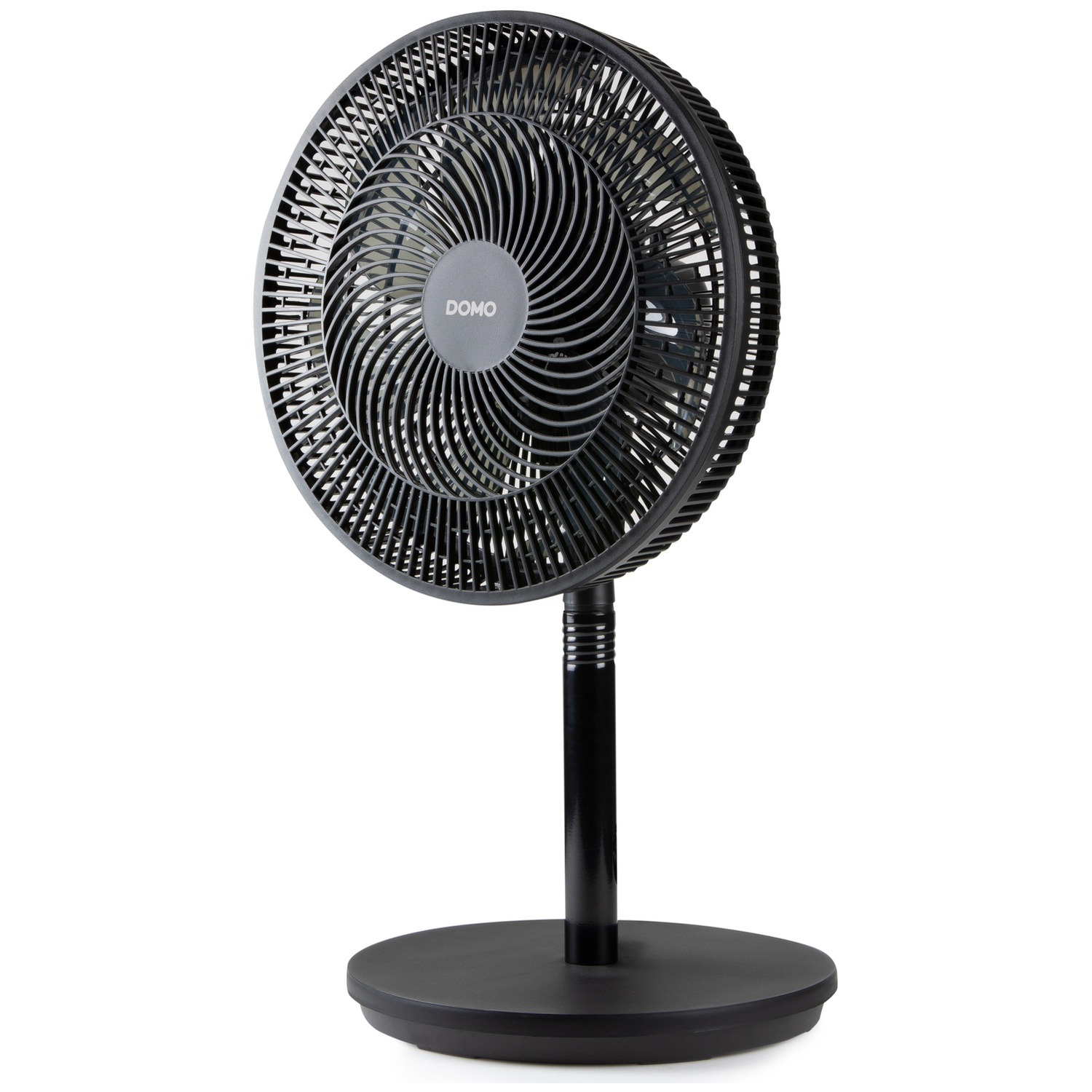 A black table fan with a round base and adjustable stand.