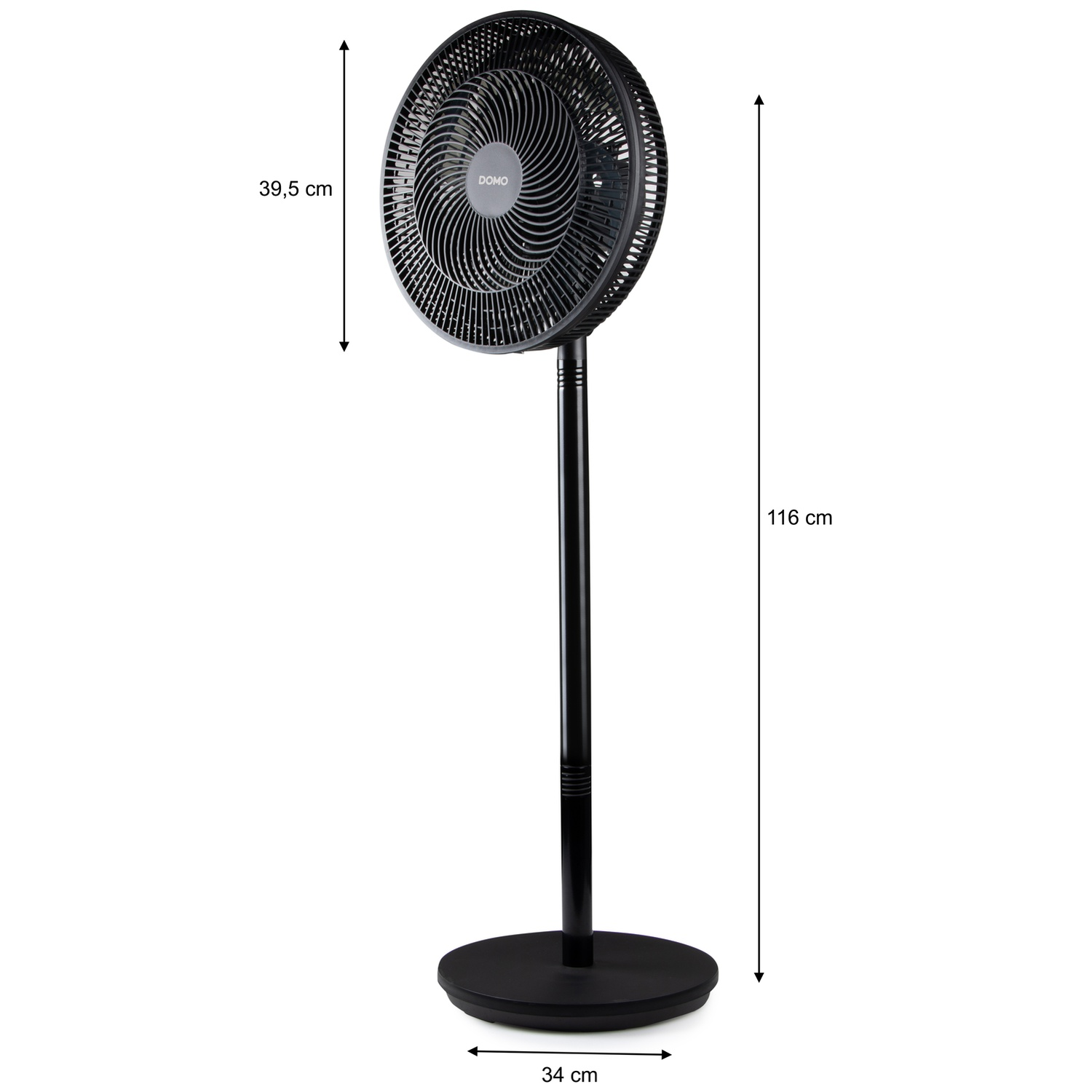 Black standing fan, 116 cm tall, with a round base.