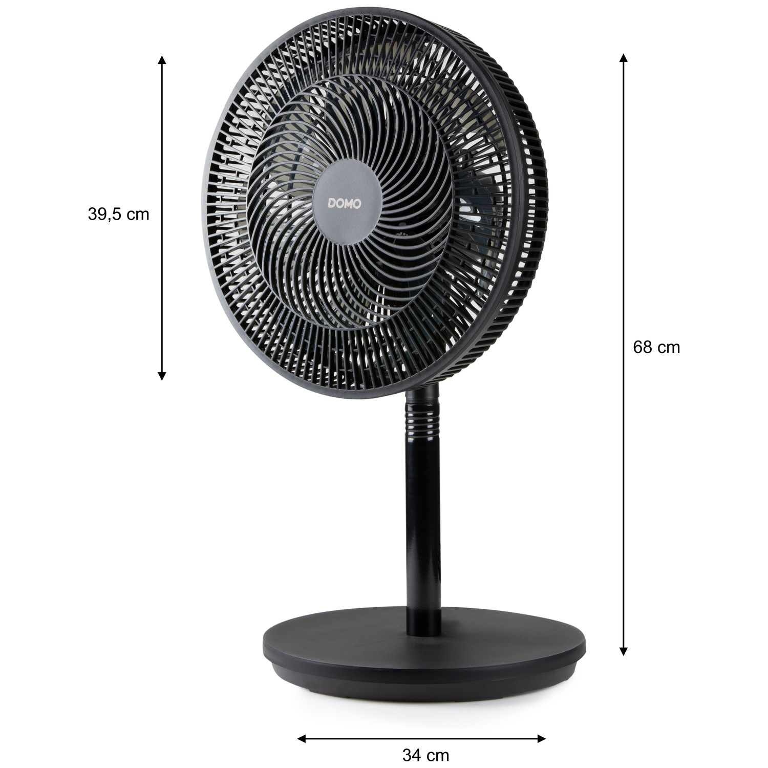A black standing fan with a silver logo on the grille. Dimensions are indicated.