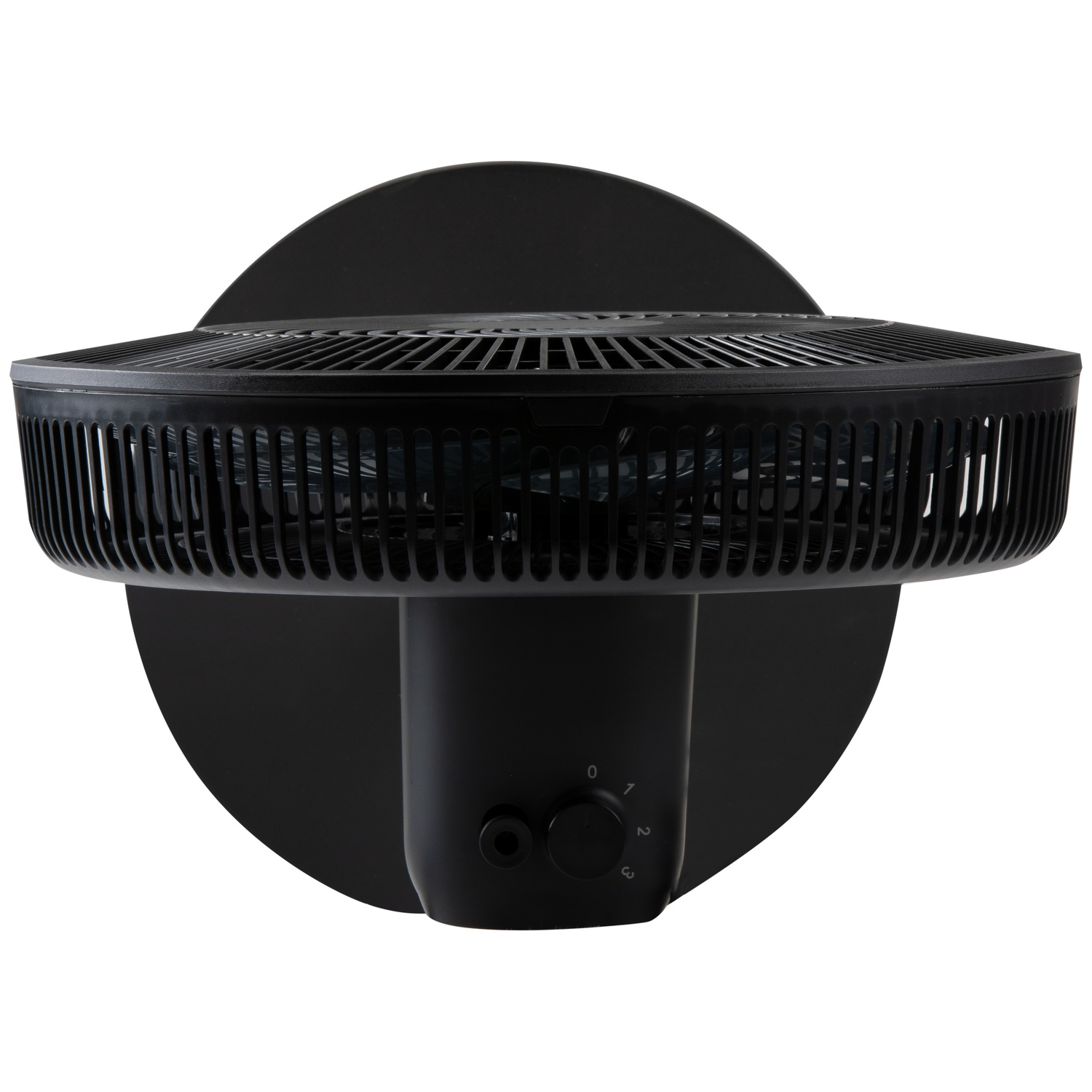 A black desk fan with three speed settings and a round base.