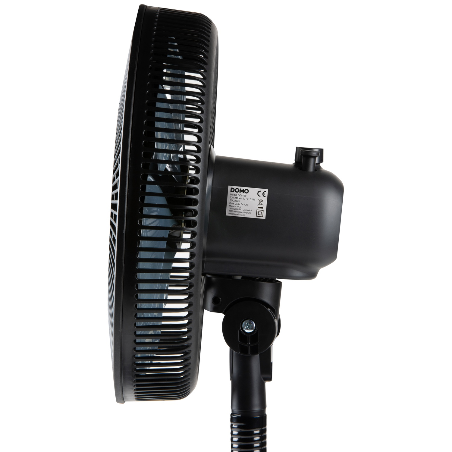 A black standing fan with its grille and visible rotor blades.