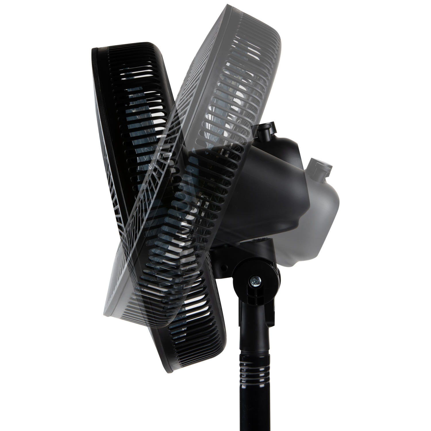 A black stand fan with multiple overlays showing its movement.