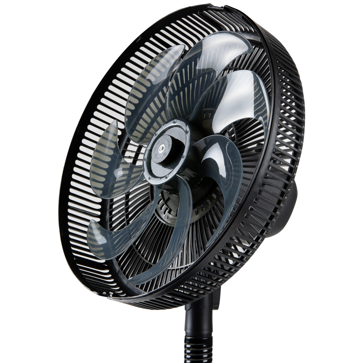 A black standing fan with translucent blades, isolated on a white background.
