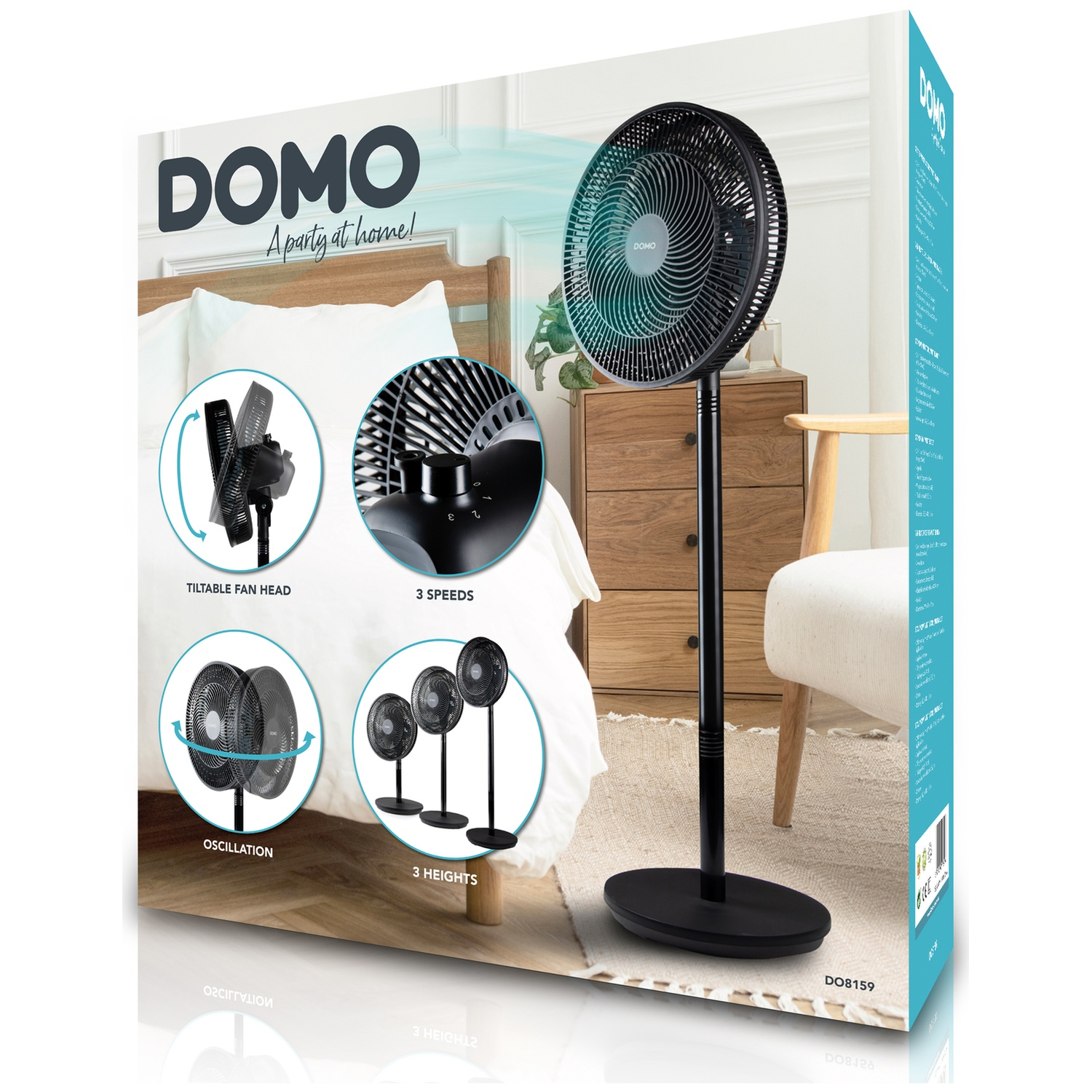 A black DOMO branded standing fan in a bedroom setting, showing features.