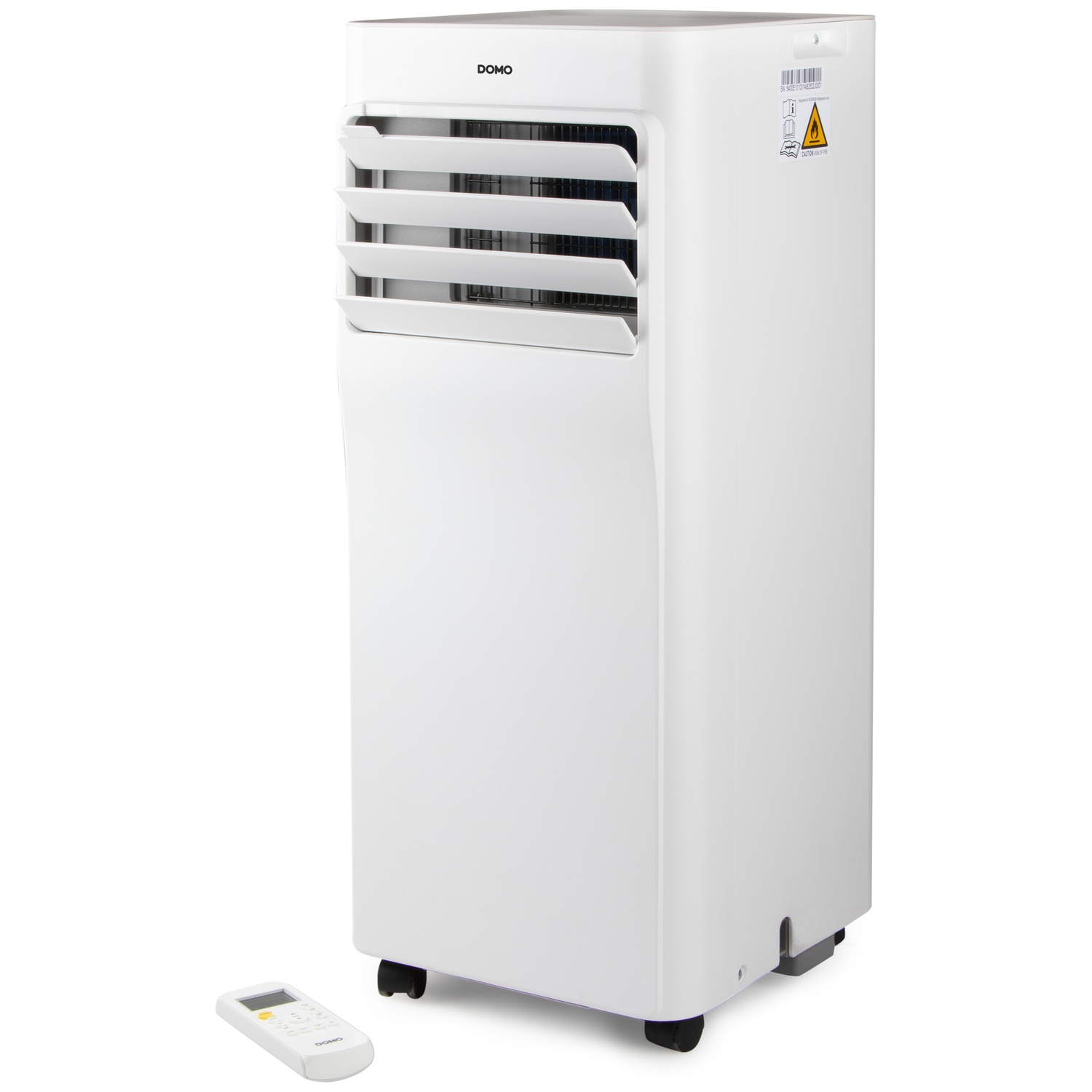 A white mobile air conditioner tower with a remote control on wheels.