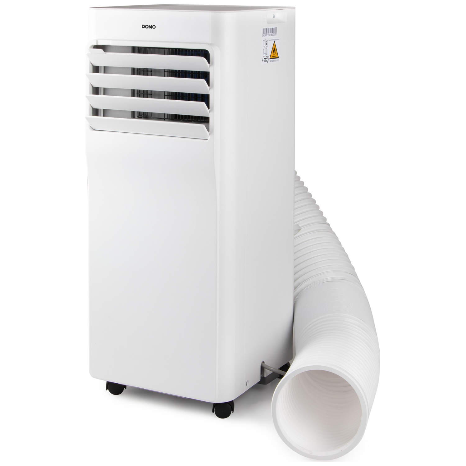 A white, portable air conditioner tower with a flexible exhaust hose attached.