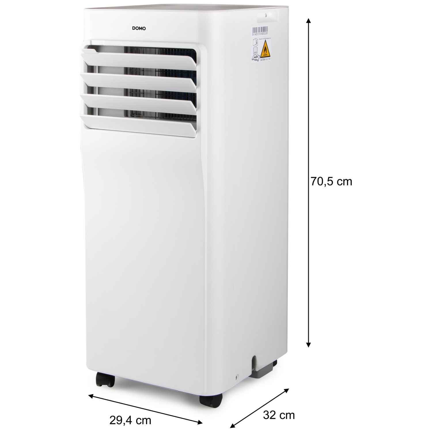 A white, portable air conditioner tower on wheels.
