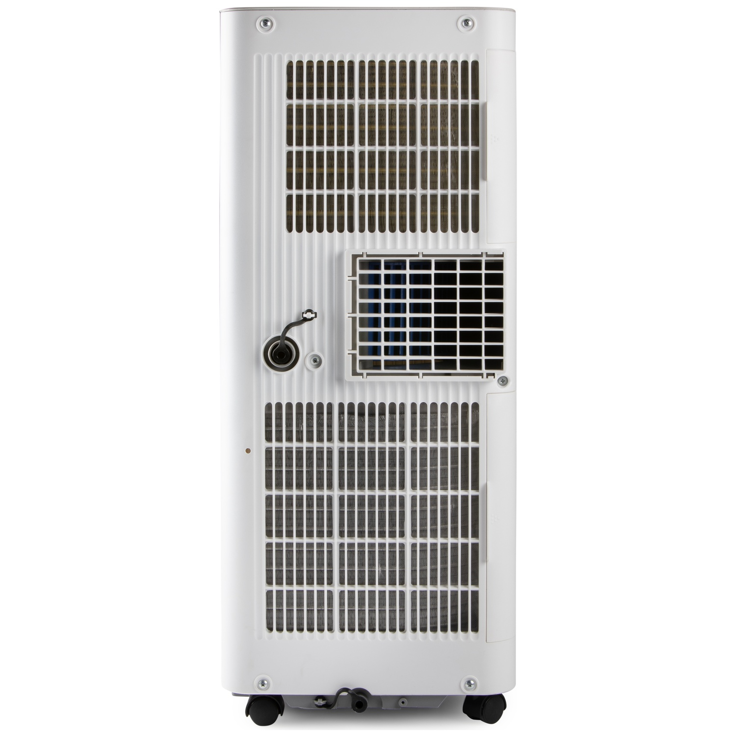 White air conditioner with vents and wheels on a white background.