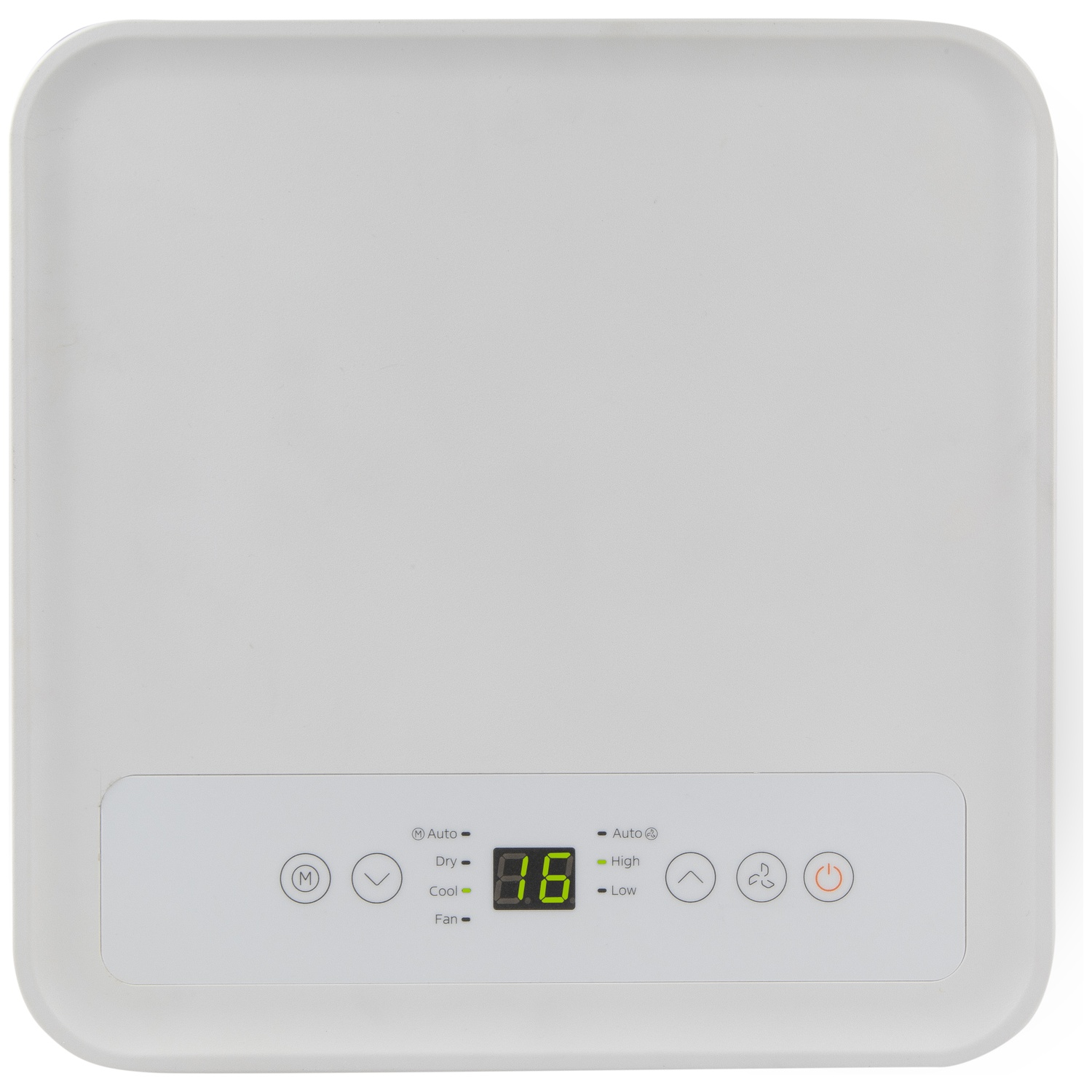 A white device with a digital display and controls for mode, fan, and power.