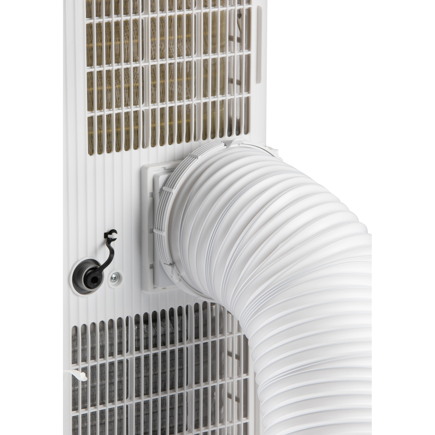 Close-up of a white exhaust hose attached to a white ventilation grille.