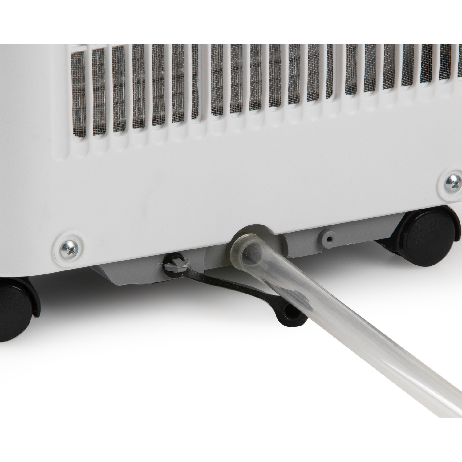 A white appliance with vents and a clear tube attached to its base.