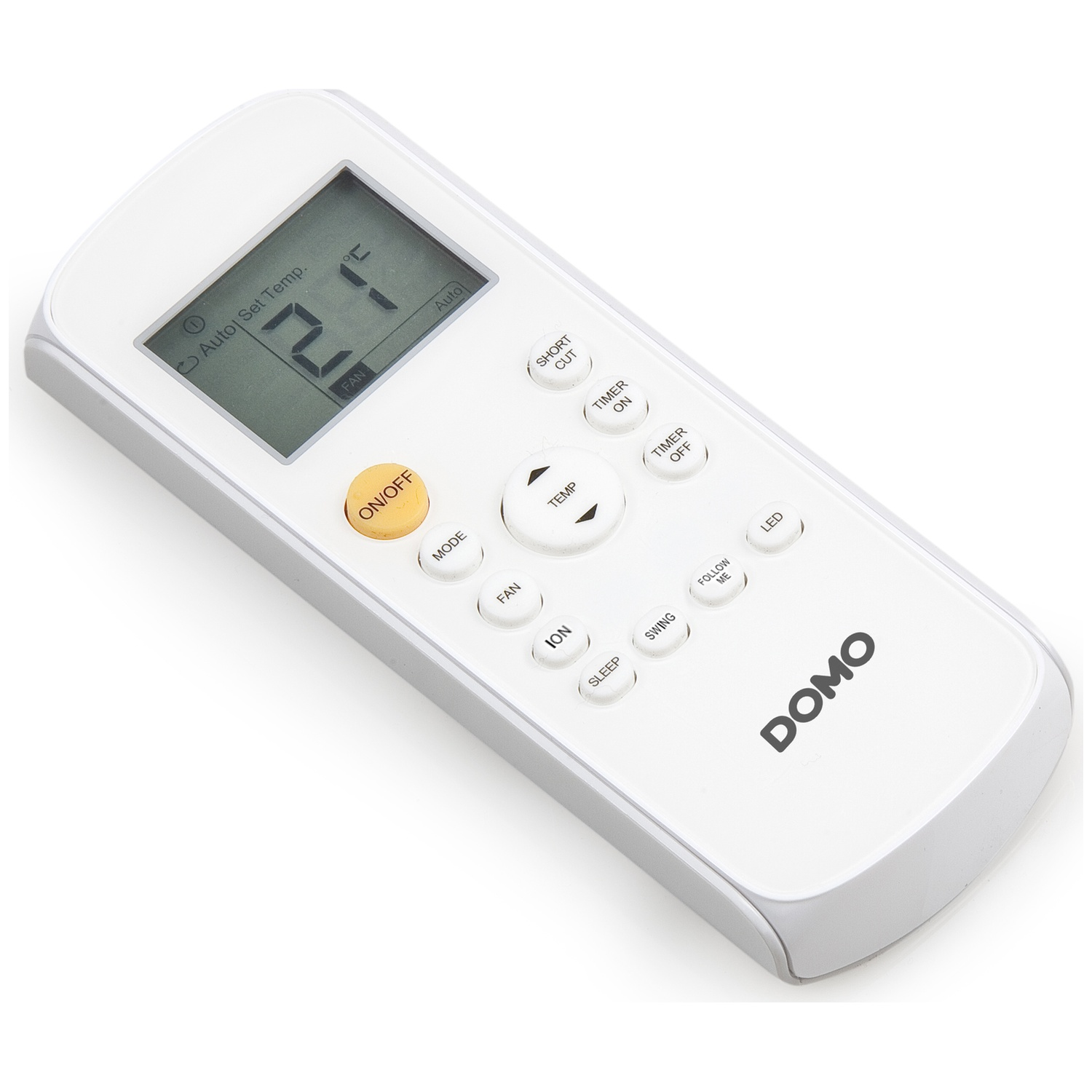 White remote control with LCD screen showing 21 degrees. Buttons include ON/OFF, TEMP, MODE.