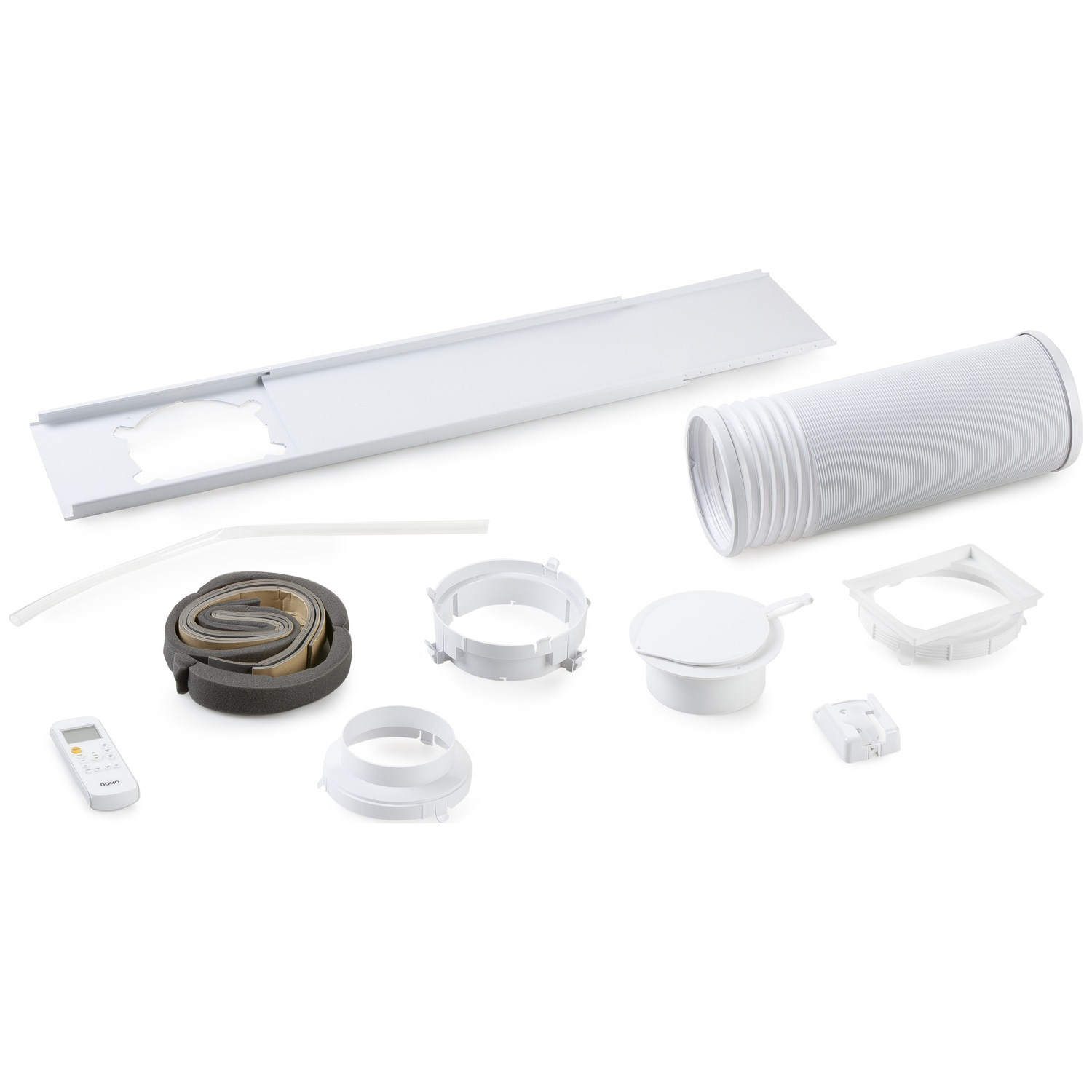 White air conditioner parts: hose, remote, window seal, adapters, and a slide bar.