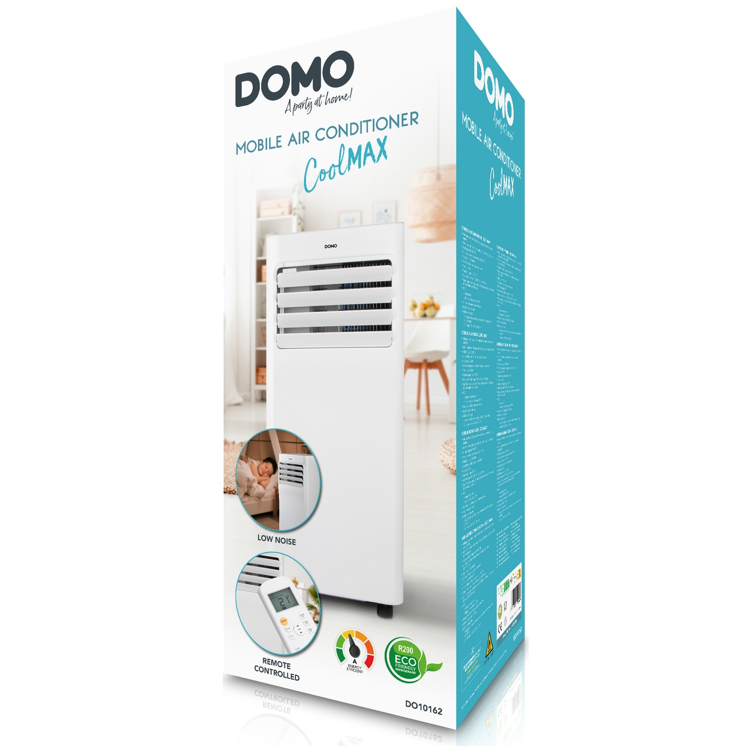 White DOMO mobile air conditioner with remote control and energy efficiency label.