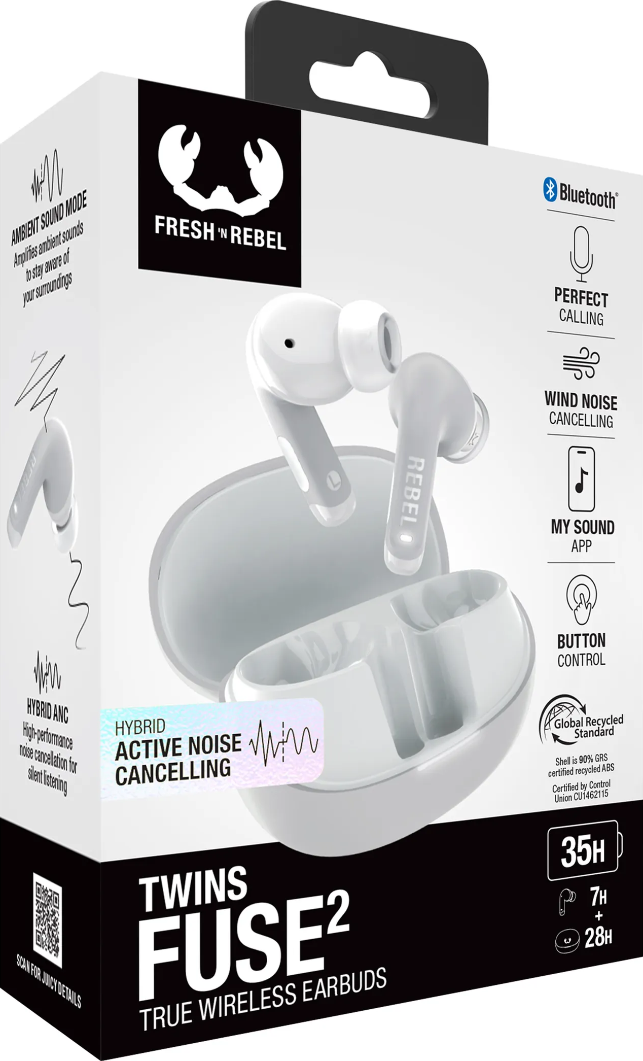 Weiße Fresh 'n Rebel Twins Fuse2 Ohrhörer mit Ladecase auf Verpackung.