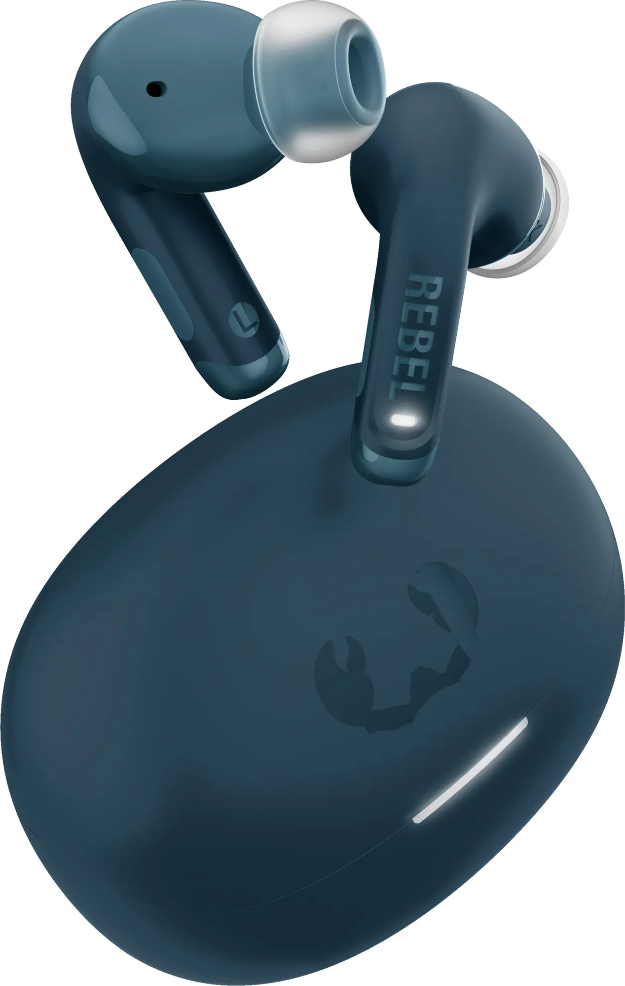 Dunkelblaue kabellose Ohrhörer mit Ladecase, Logo und L-Markierung.