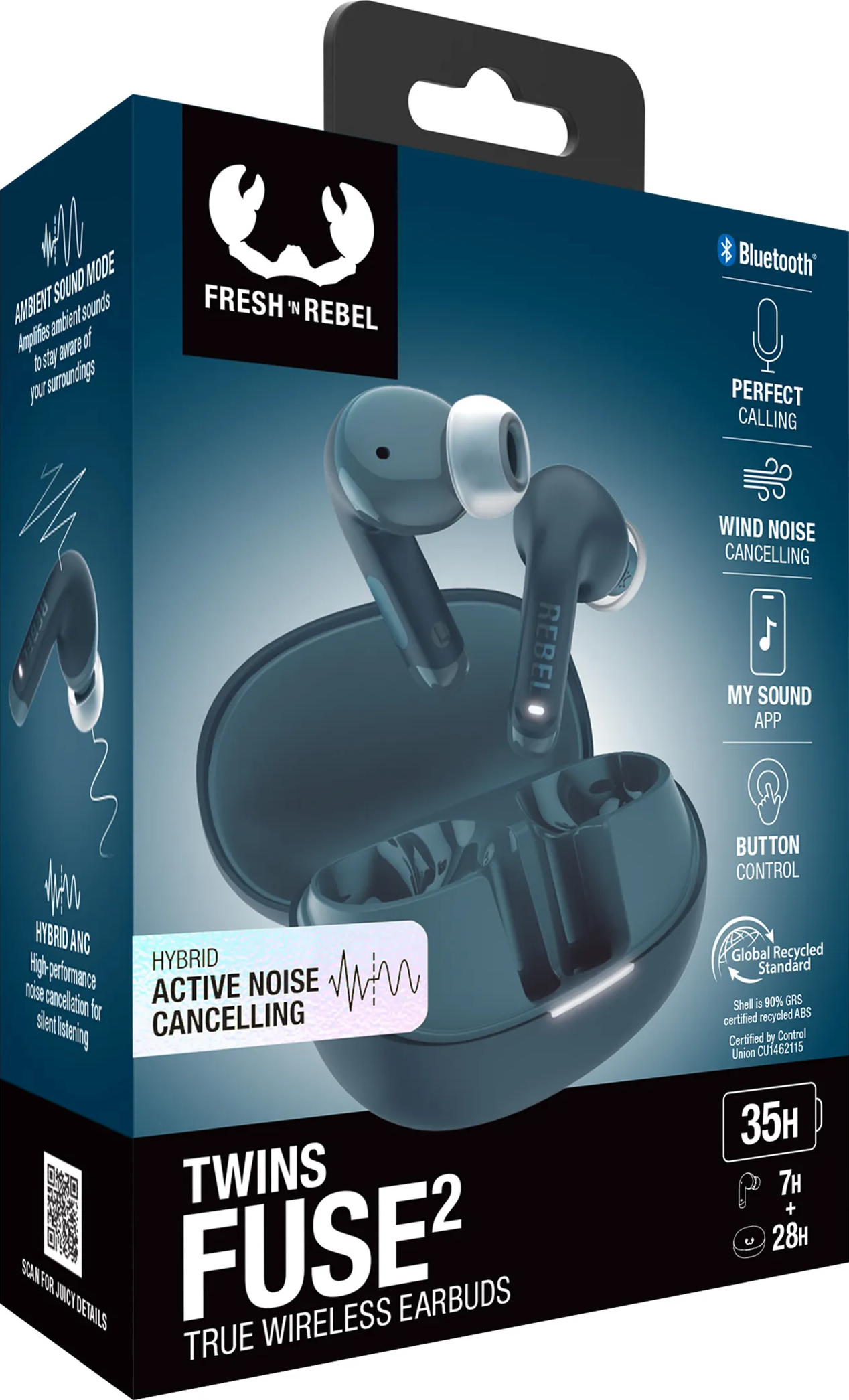 Verpackung für Fresh 'n Rebel Twins Fuse2 True Wireless Ohrhörer mit Ladecase.