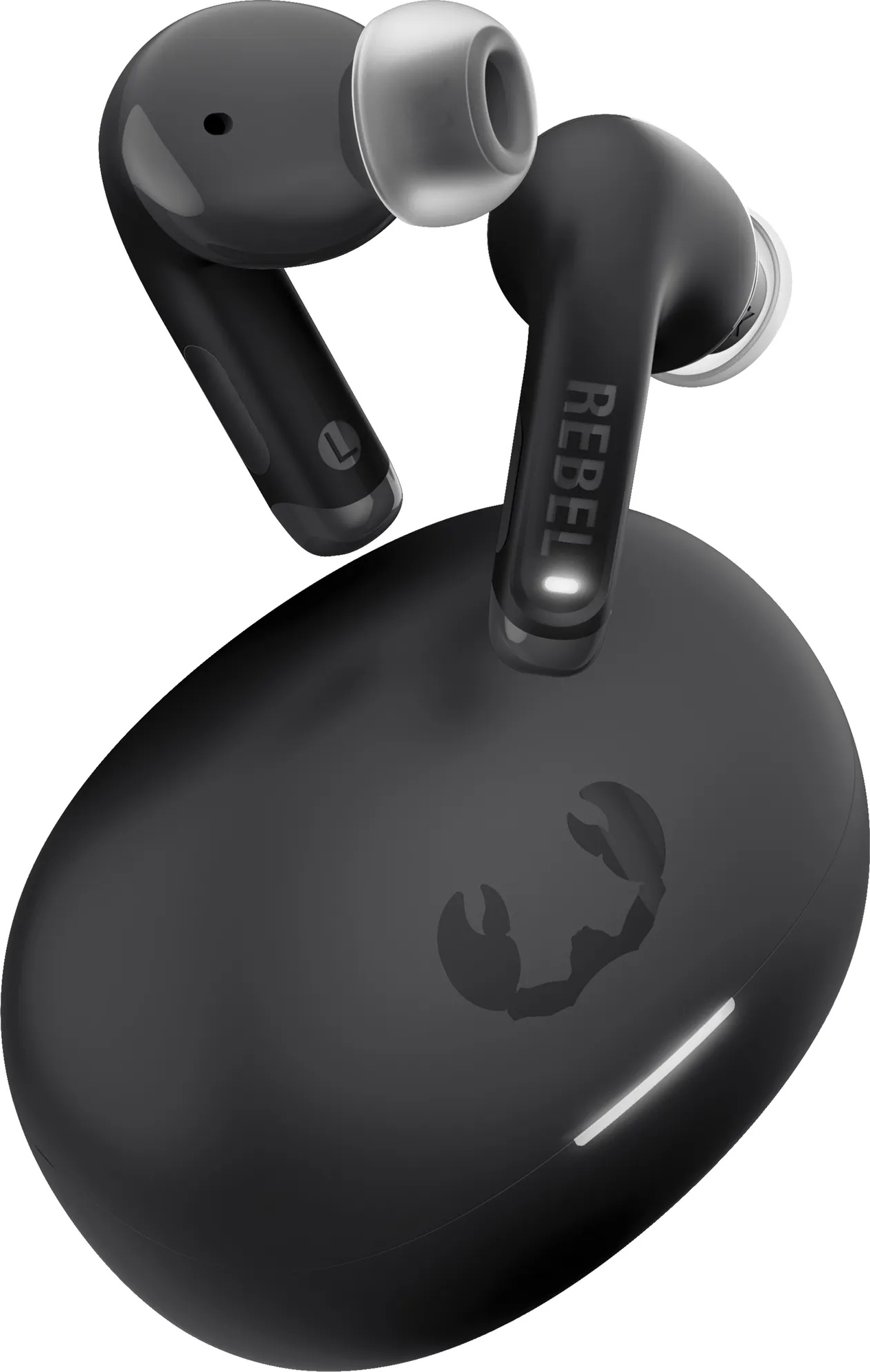 Schwarze kabellose Ohrhörer mit Ladecase und Skorpion-Logo.