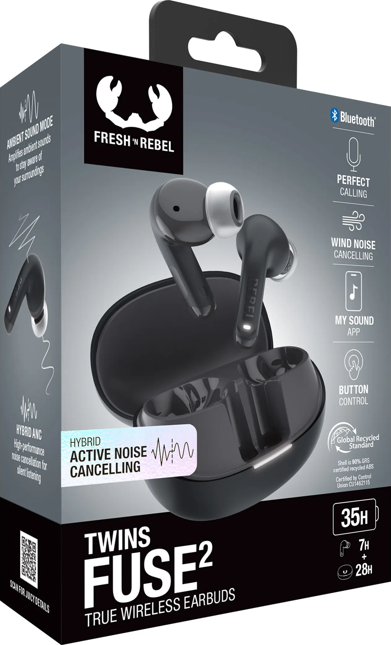 Verpackung für Fresh 'n Rebel Twins Fuse 2 True Wireless Ohrhörer in Schwarz.