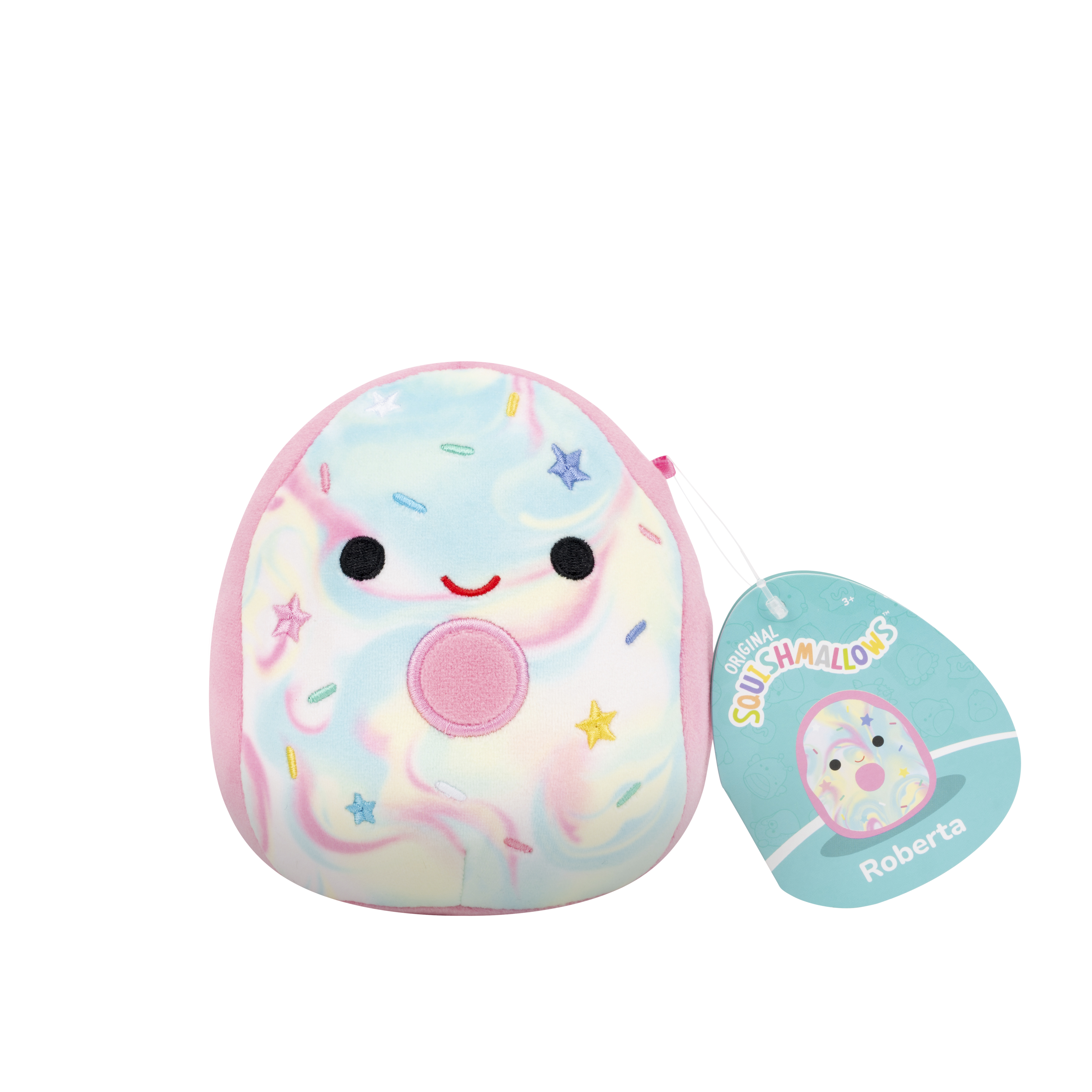 Ein Squishmallow-Plüschtier mit rosa Umrandung, blau-gelben Wirbeln, Sternen und Streuseln.