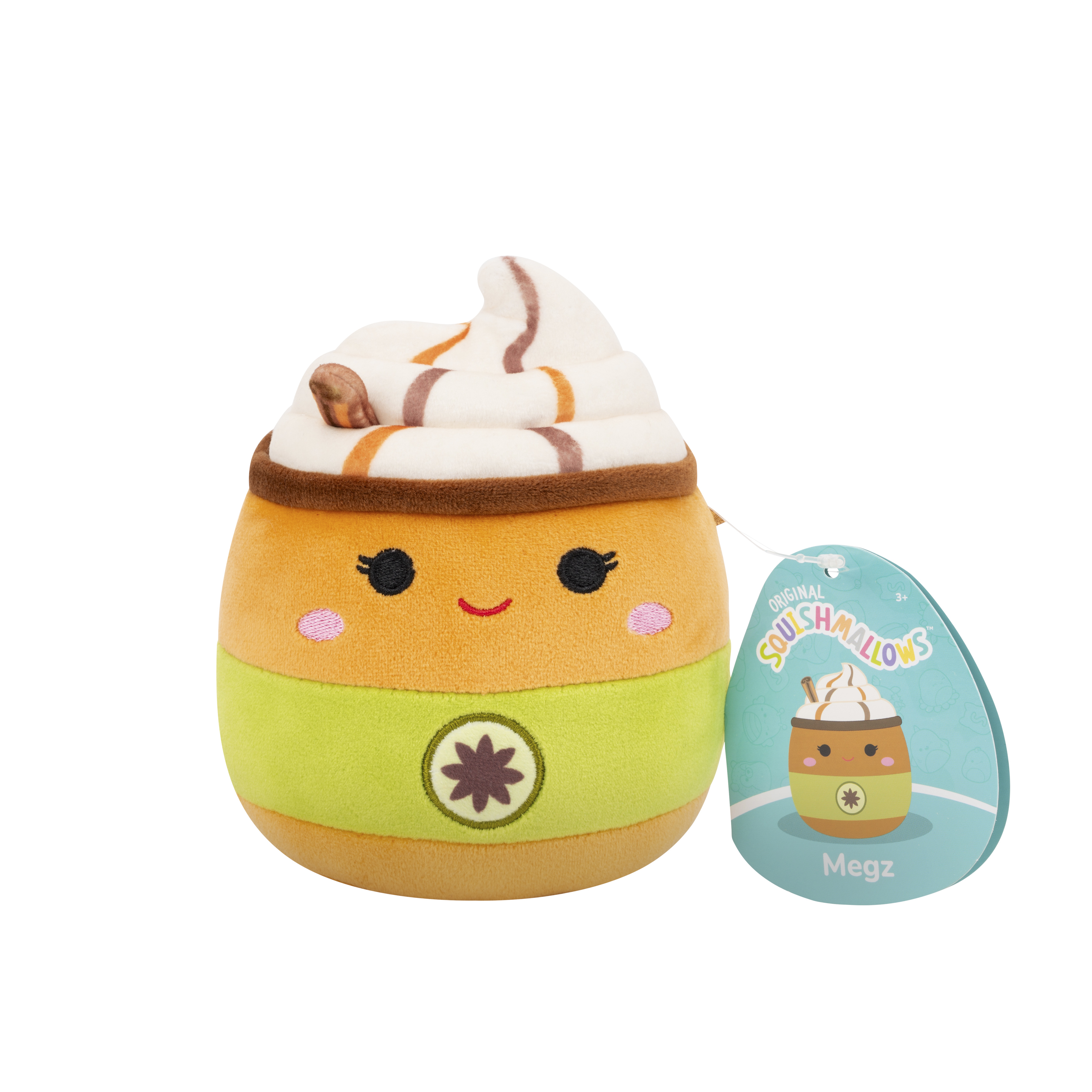 Ein orange-grüner Squishmallow-Plüsch in Becherform mit aufgeschlagener Sahne.